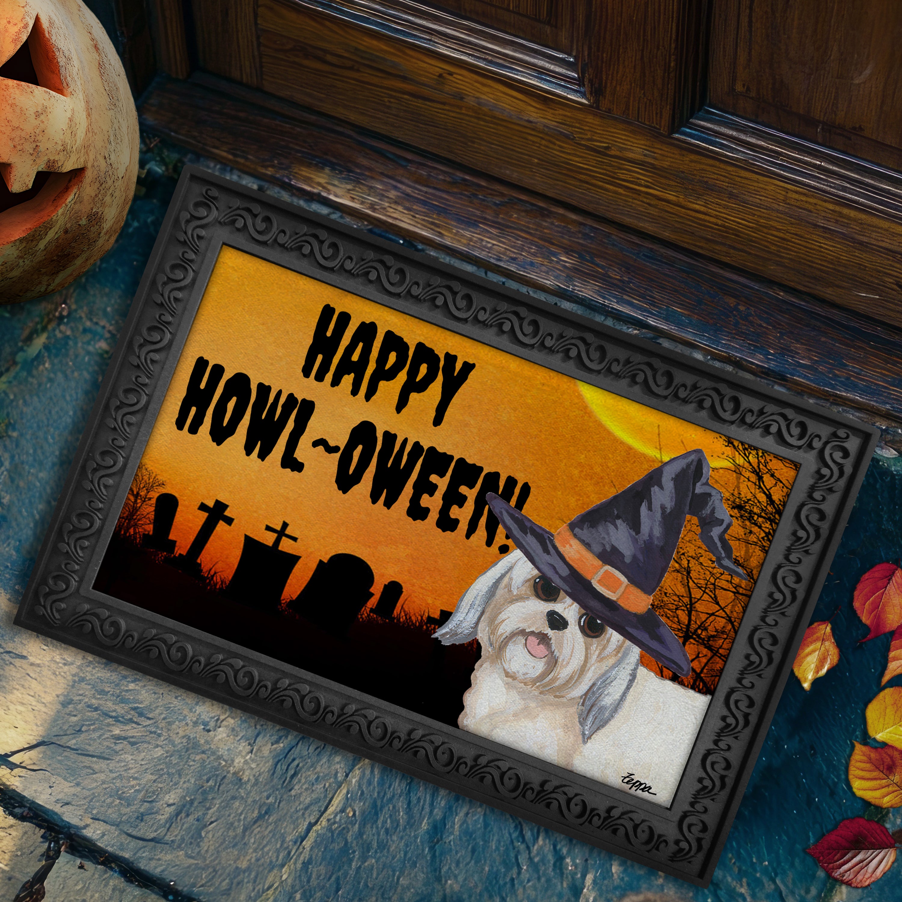 Halloween-themed doormat with a Lhasa Apso wearing a witch hat and 'Happy Howl-Oween!' text, placed on a stone step.