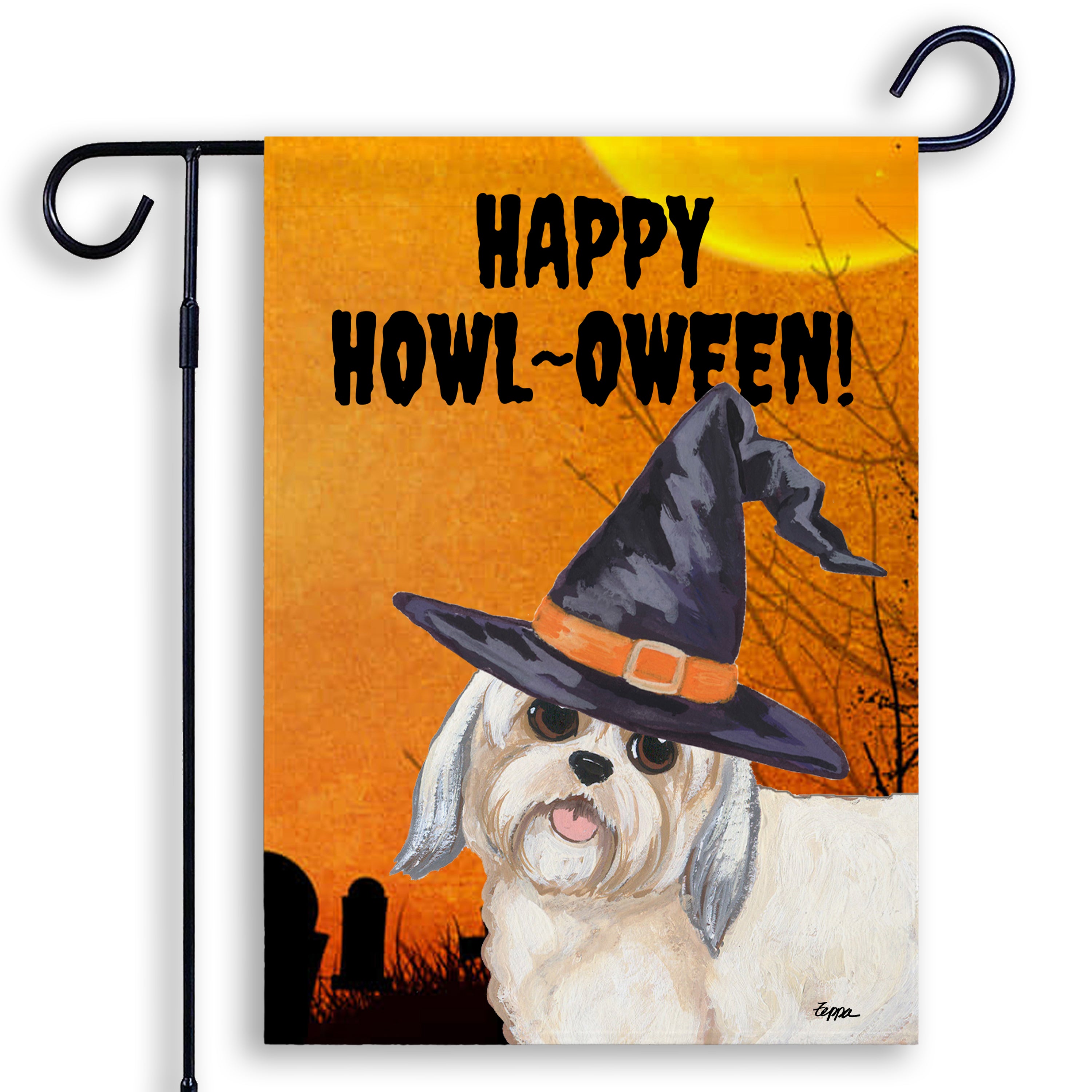 Halloween-themed garden flag with a Lhasa Apso wearing a witch hat and 'Happy Howl-Oween!' text on an orange background.