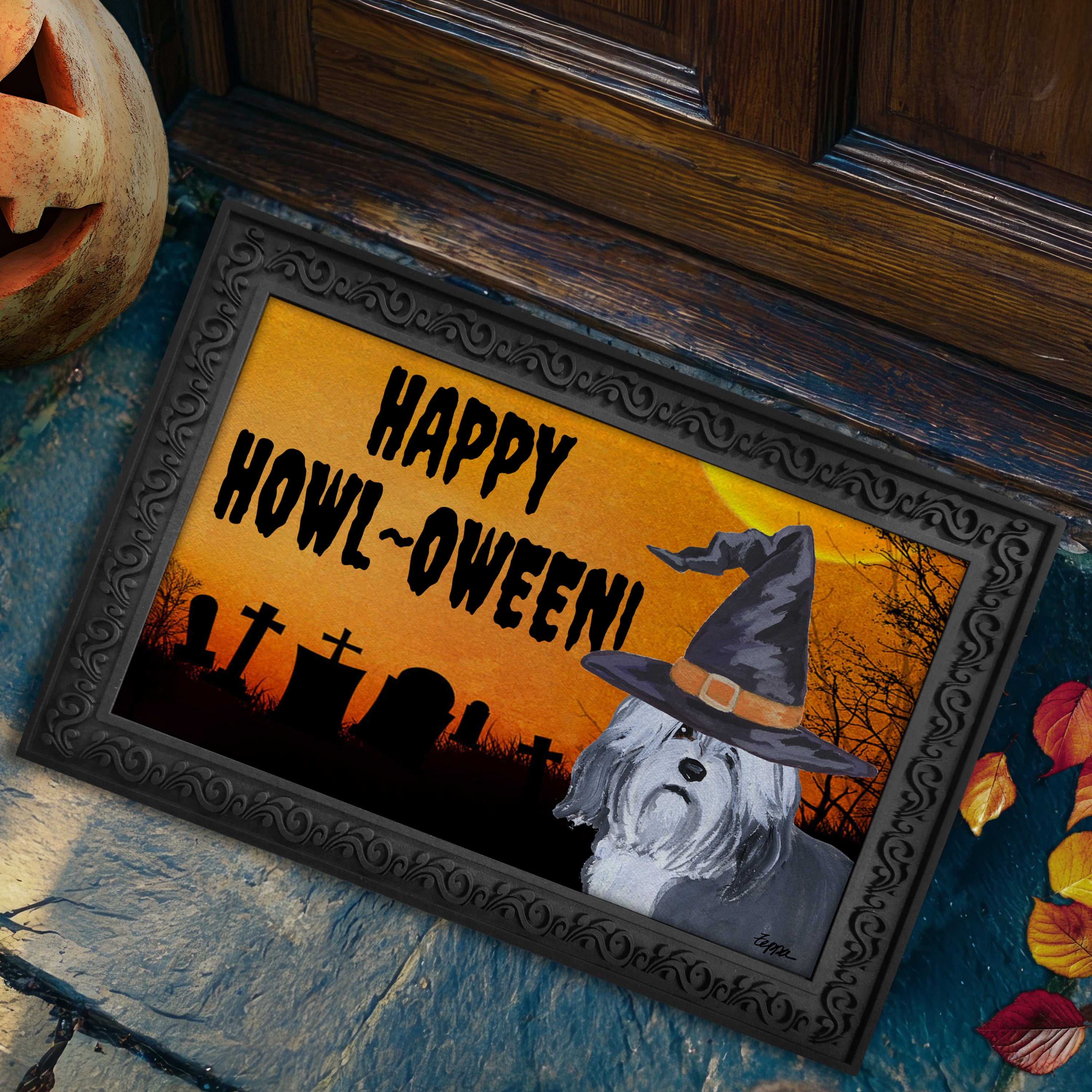 Halloween-themed doormat with a Lowchen wearing a witch hat and 'Happy Howl-Oween!' text, placed on a stone step.
