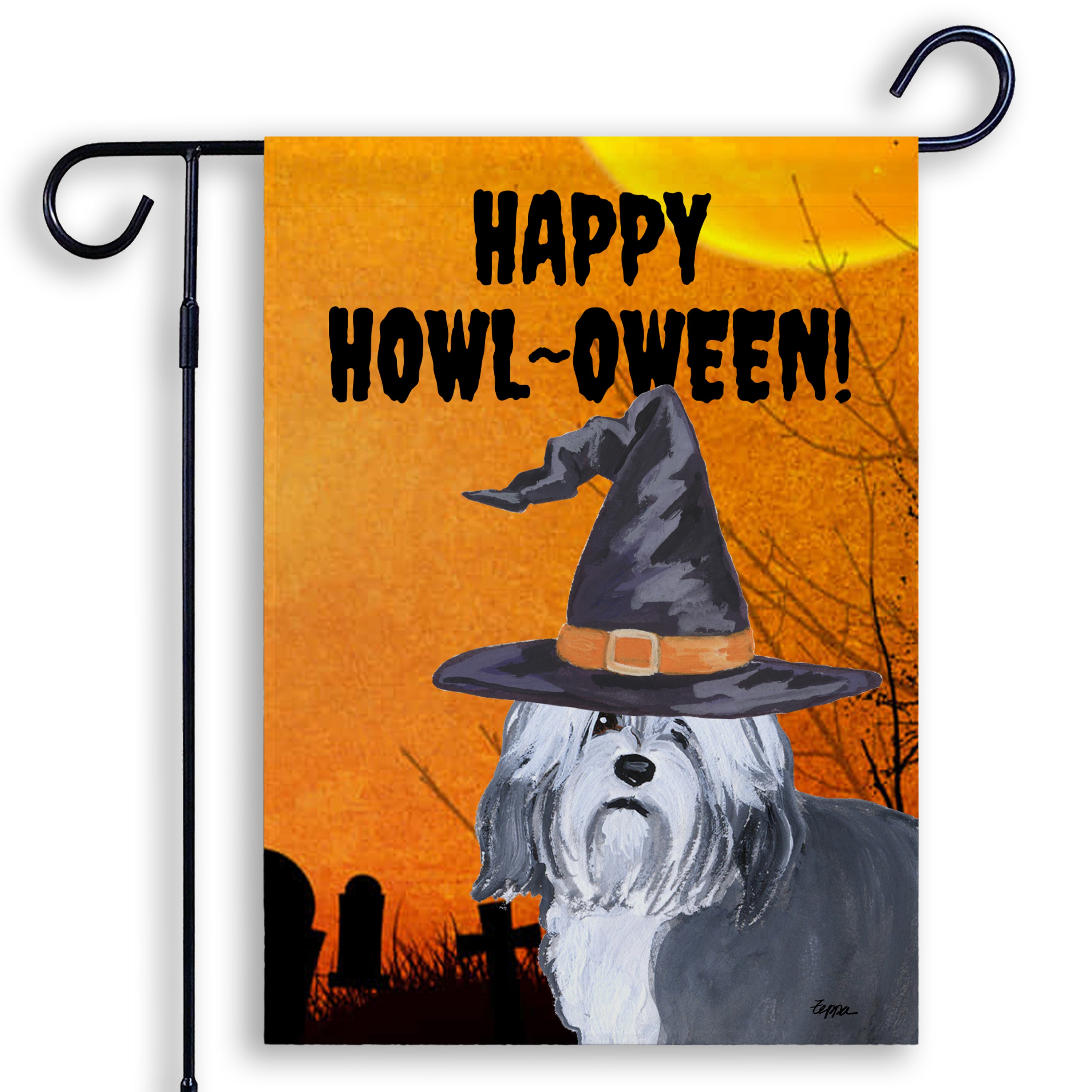 Halloween-themed garden flag with a Lowchen wearing a witch hat and 'Happy Howl-Oween!' text on an orange background.