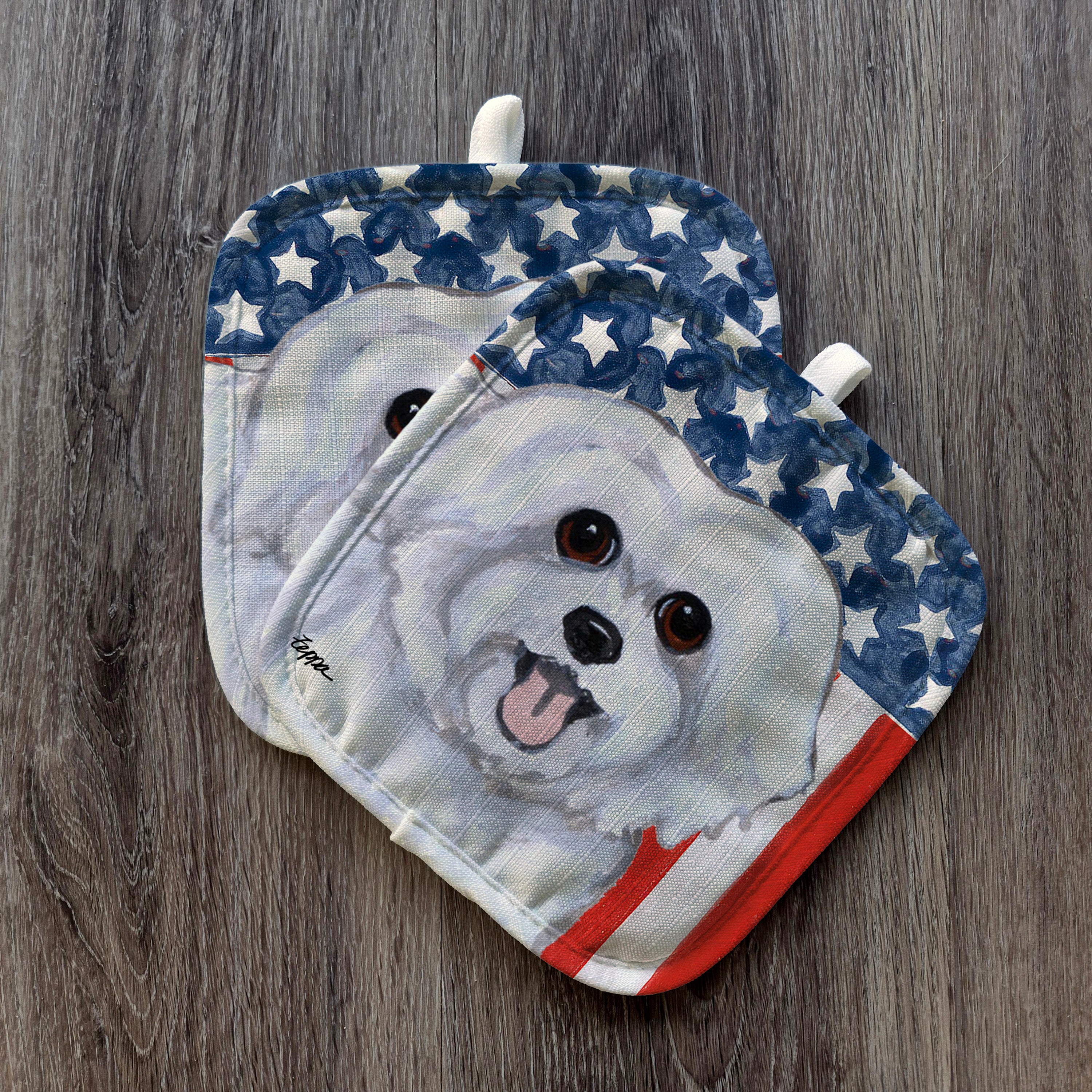 Puppy Clip Maltese Americana Pot Holders