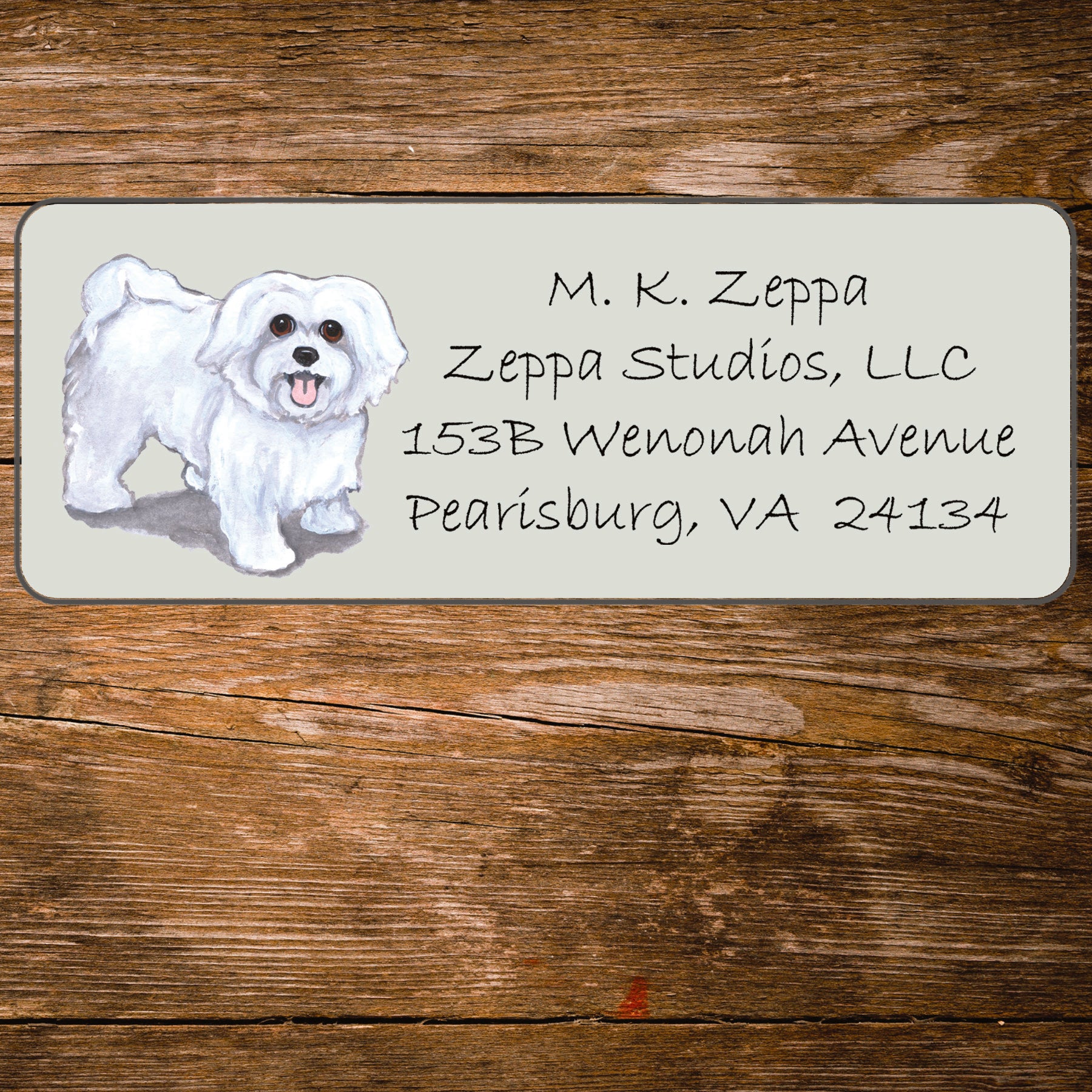 Return address label with a Maltese dog illustration.