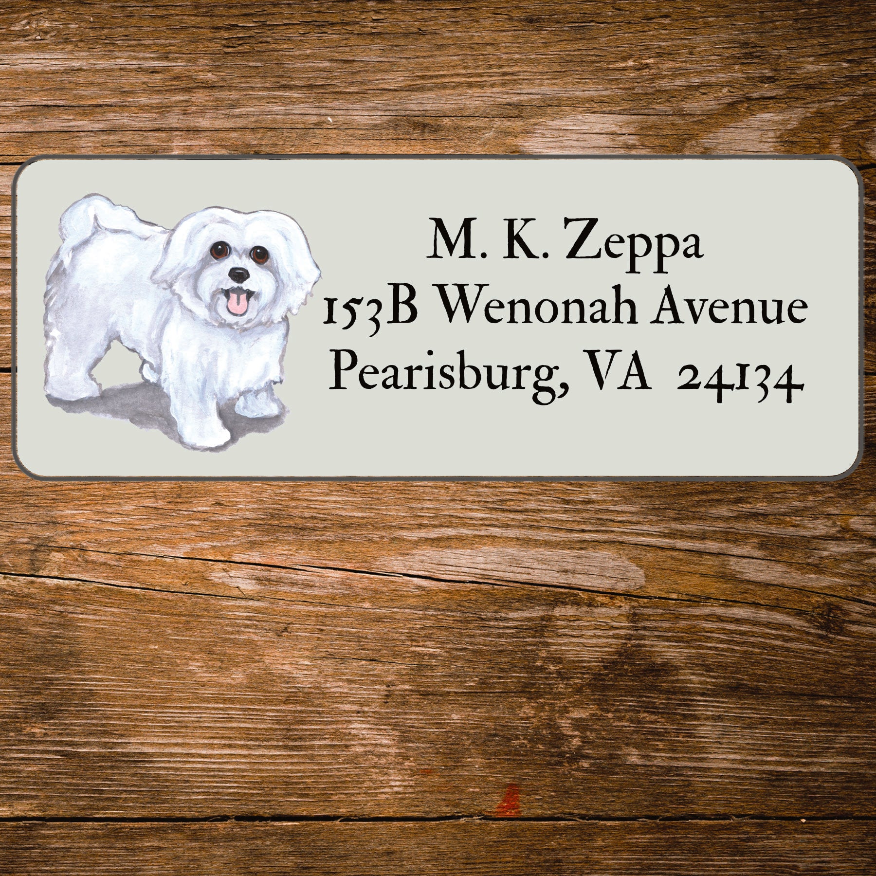Return address label with a Maltese dog illustration.