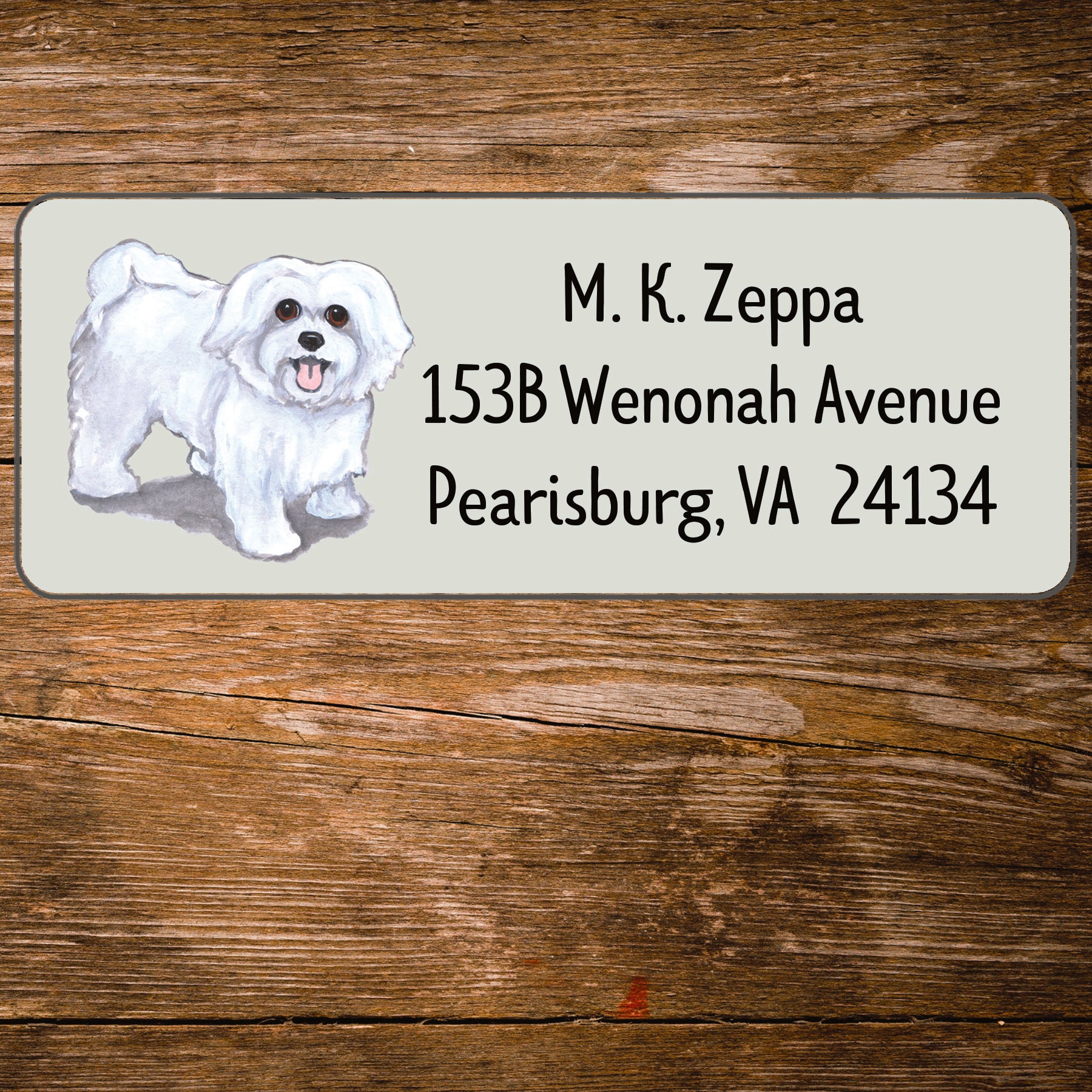 Return address label with a Maltese dog illustration.