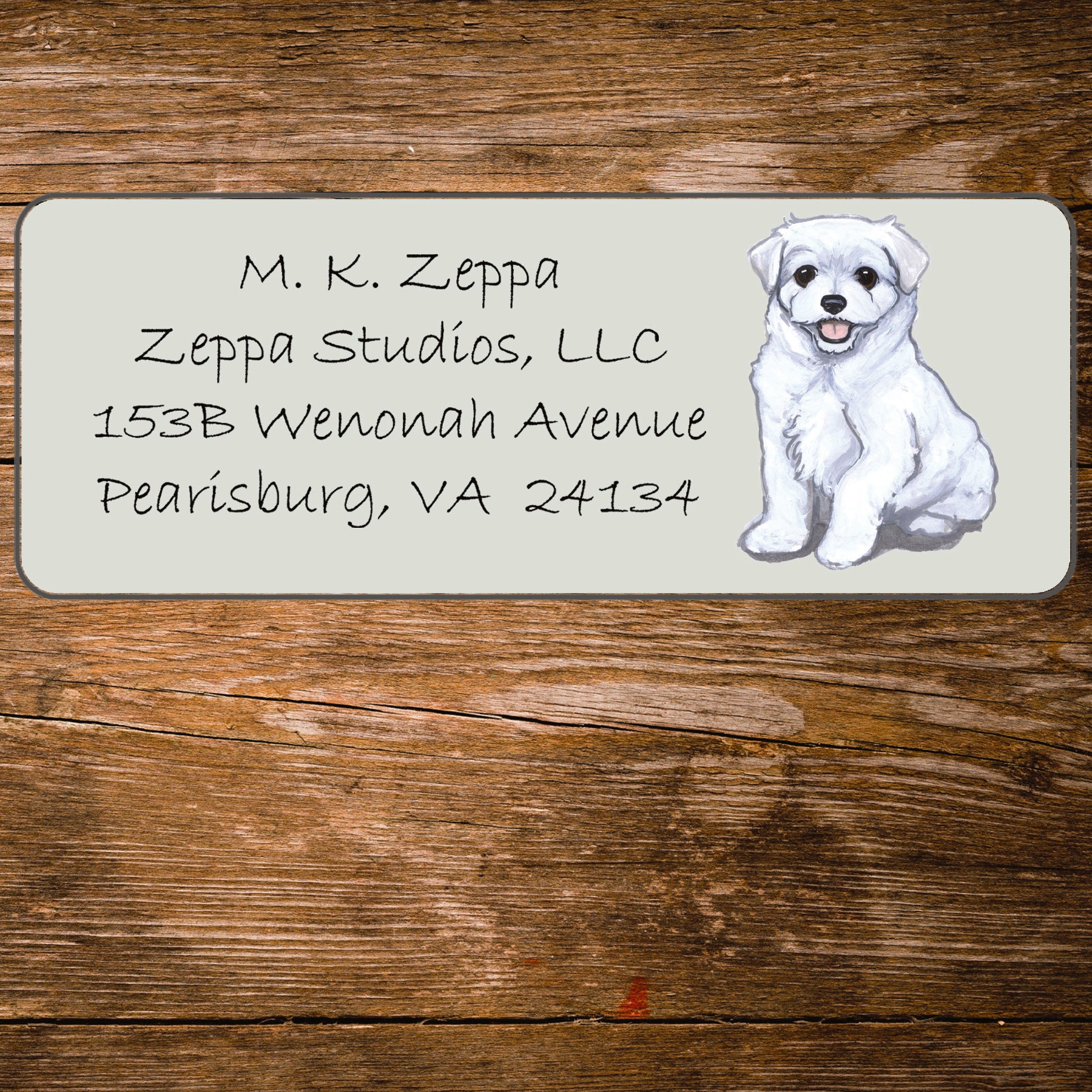 Return address label with a Maltese dog illustration.