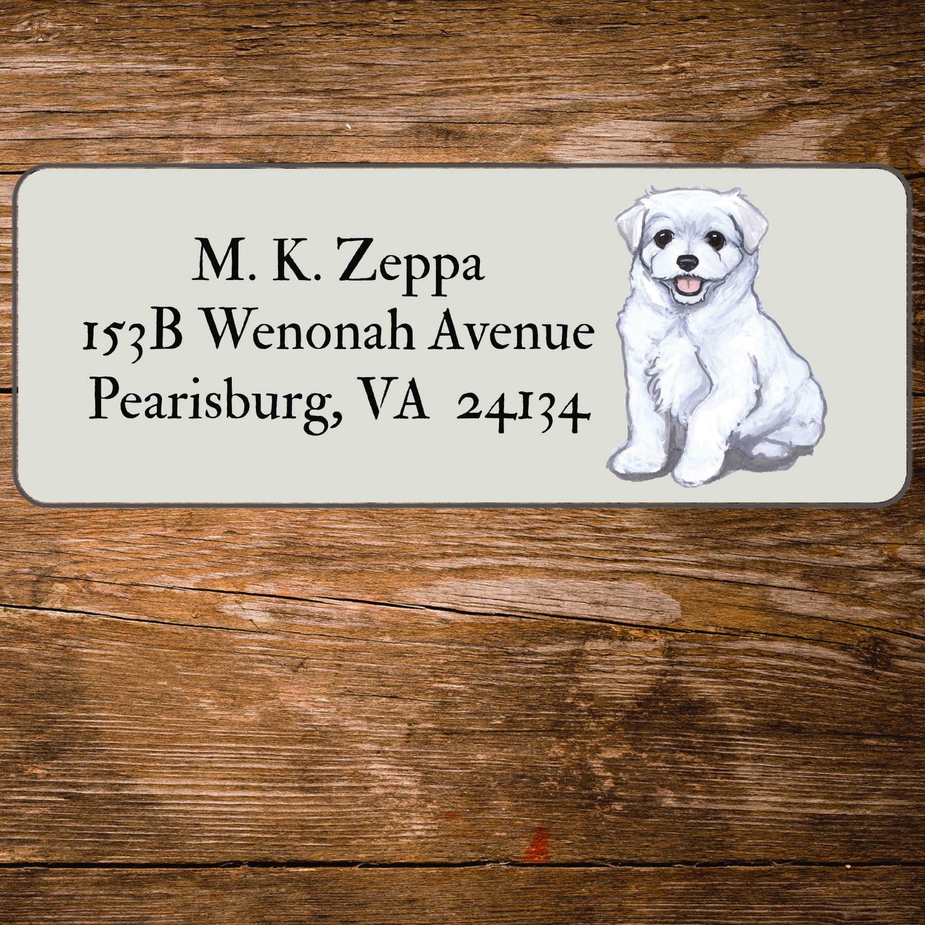 Return address label with a Maltese dog illustration.