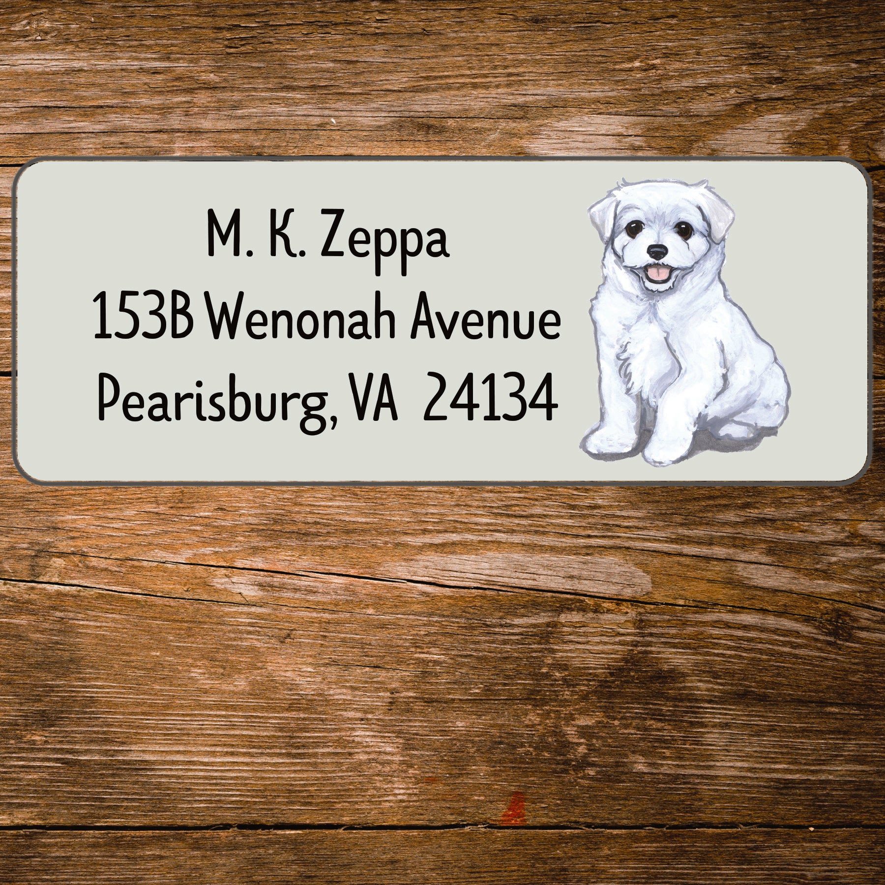 Return address label with a Maltese dog illustration.
