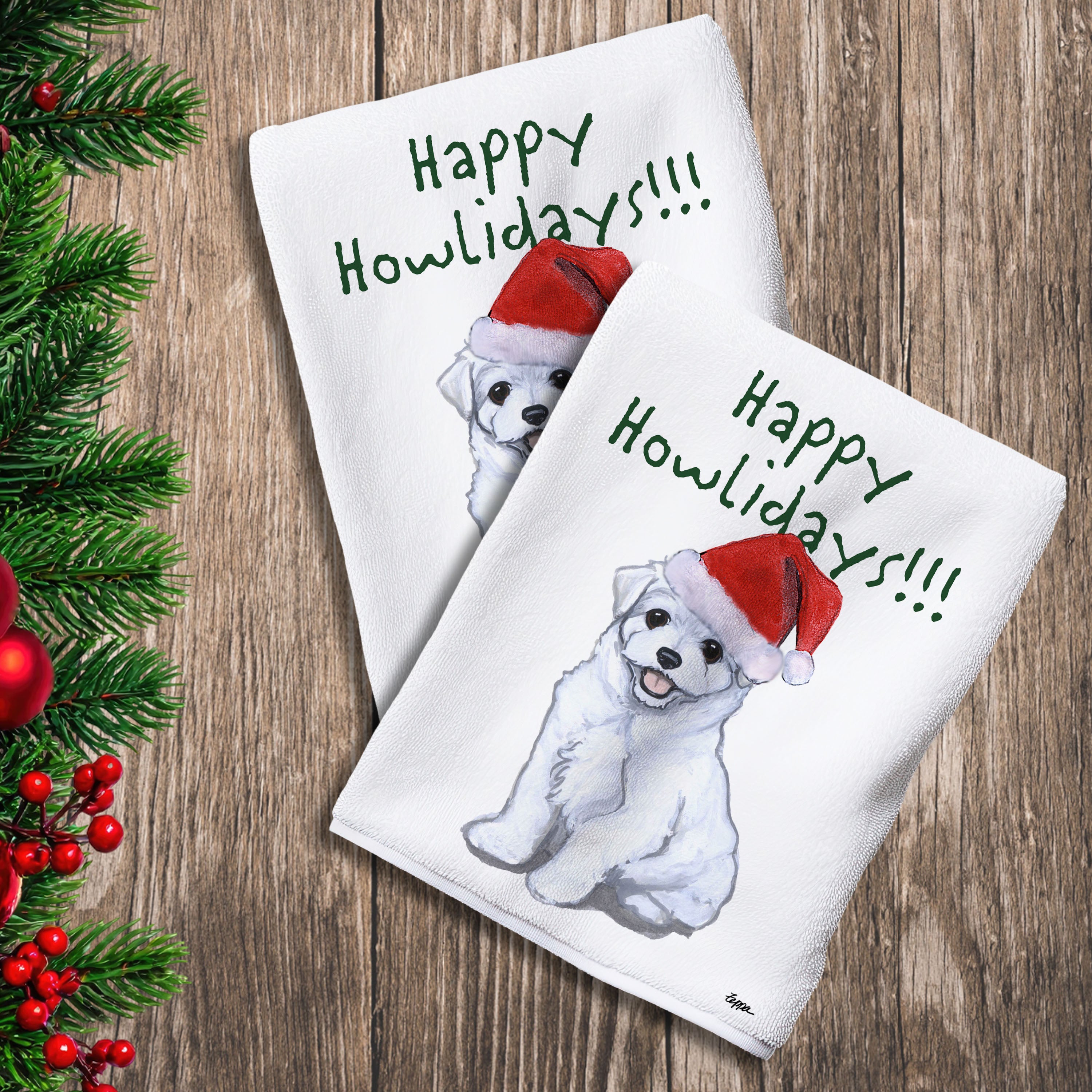 2 Kitchen Towels with a Maltese puppy in a Santa Hat and Happy Howlidays text.
