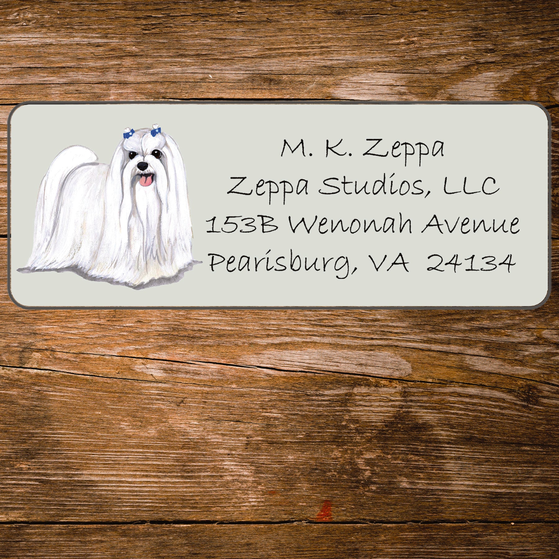 Return address label with a Maltese dog illustration.