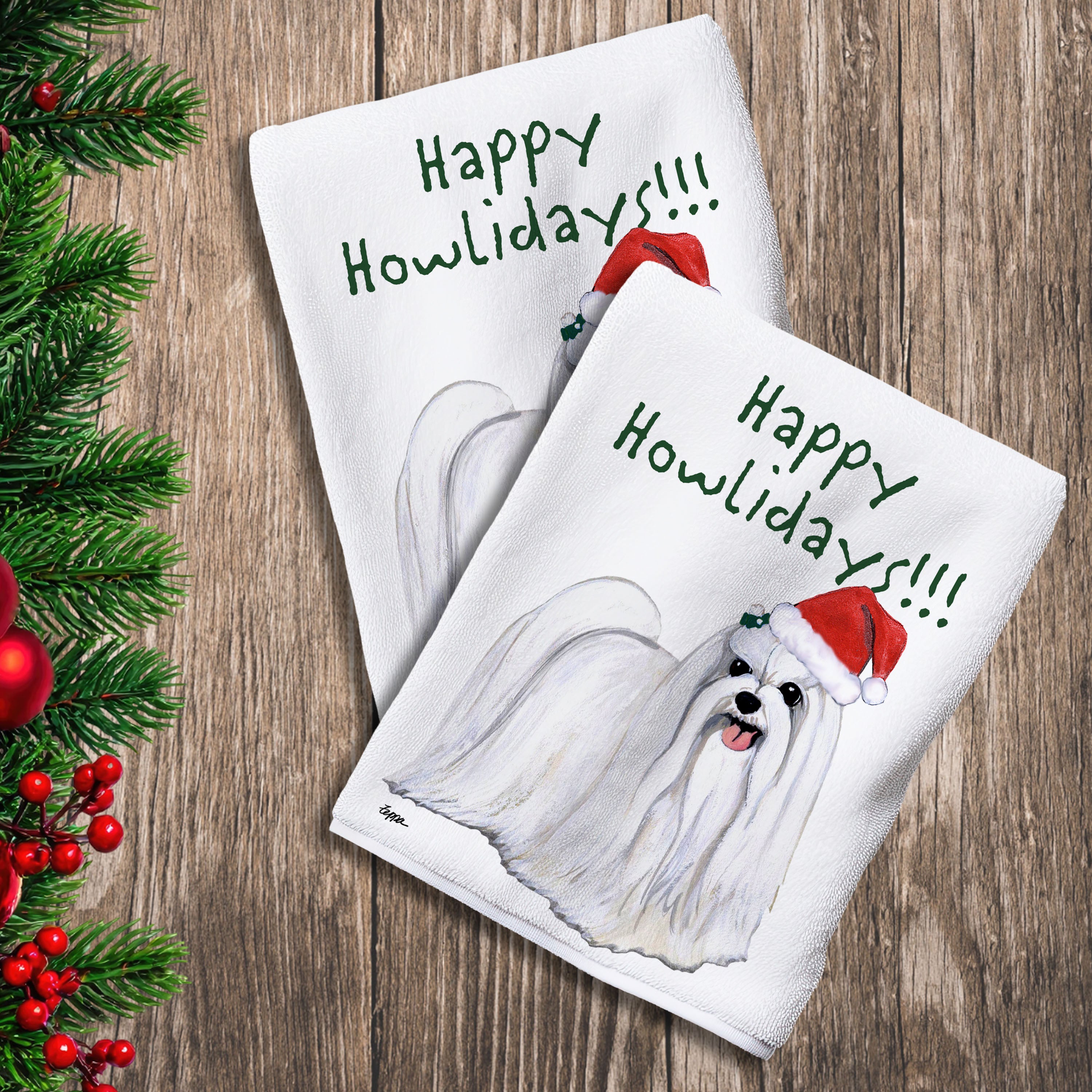 2 Kitchen Towels with a Maltese in a Santa Hat and Happy Howlidays text.
