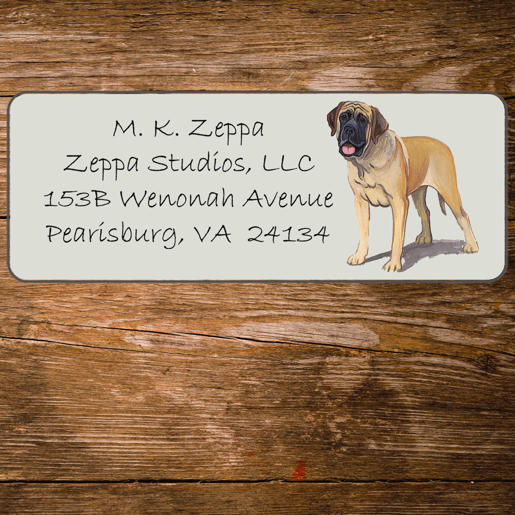 Return address label with a Mastiff illustration.