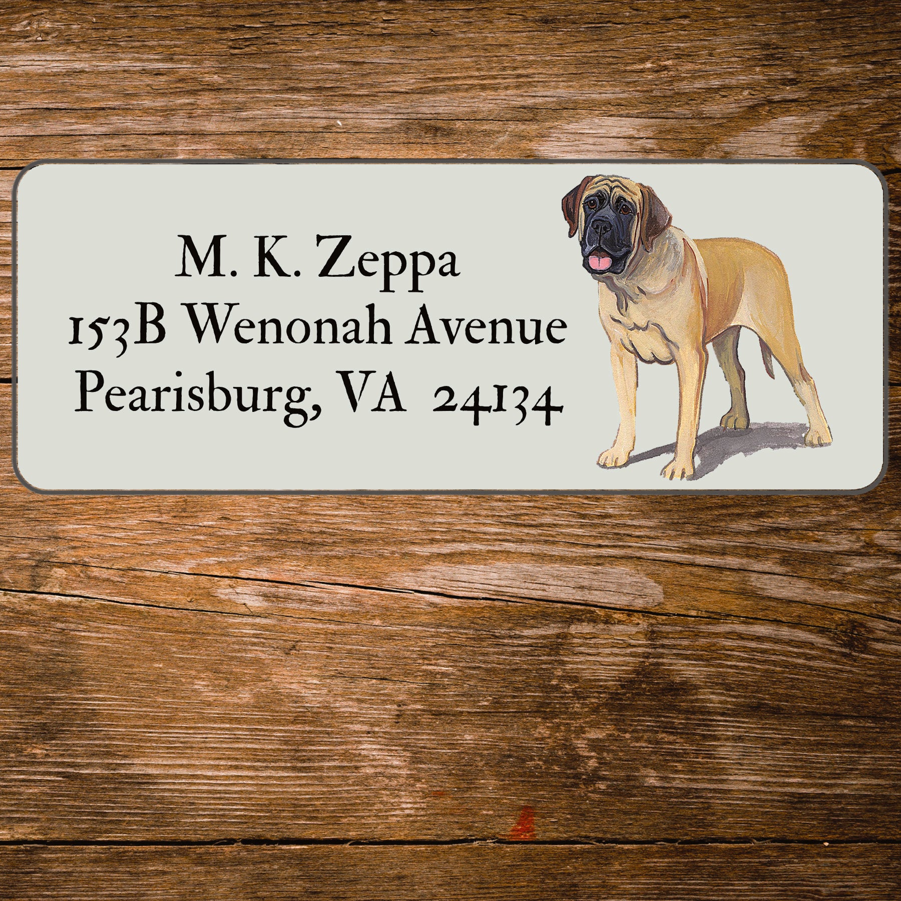 Return address label with a Mastiff illustration.