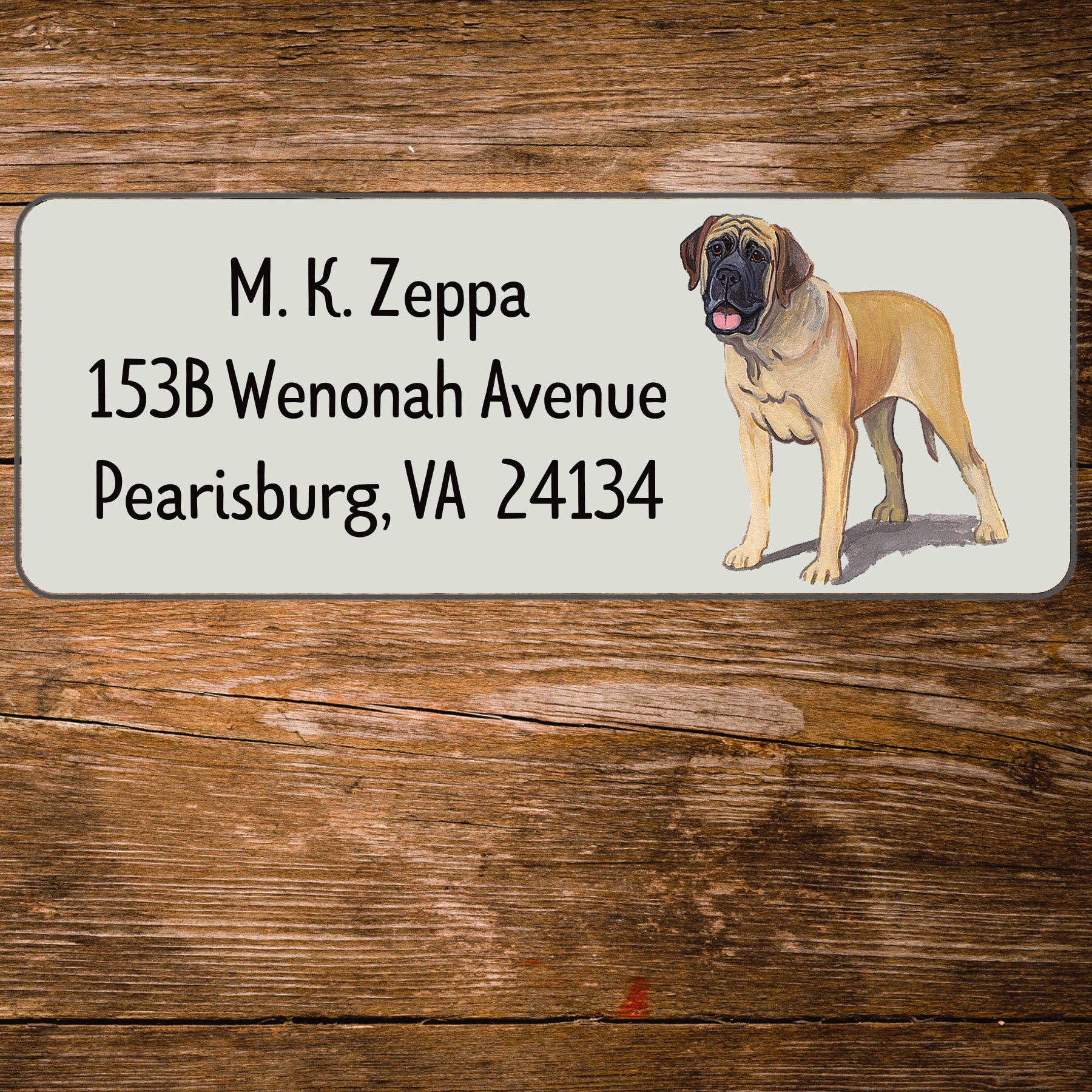 Return address label with a Mastiff illustration.