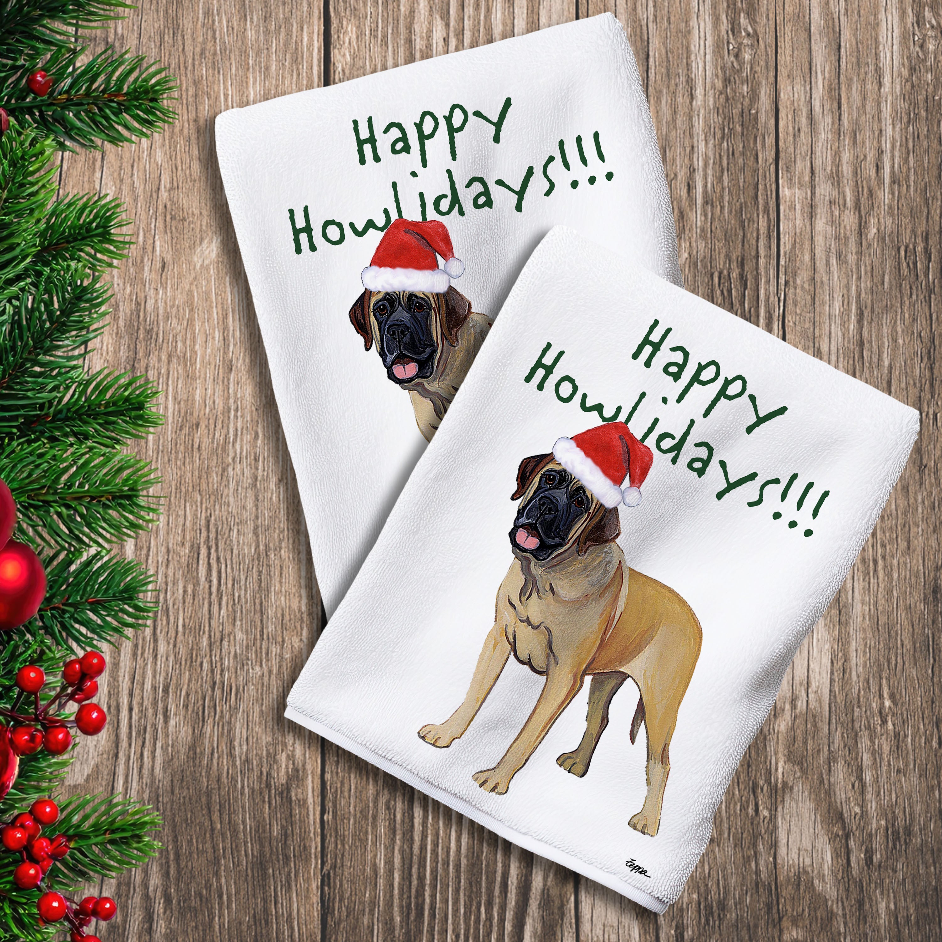2 Kitchen Towels with a Mastiff in a Santa Hat and Happy Howlidays text.
