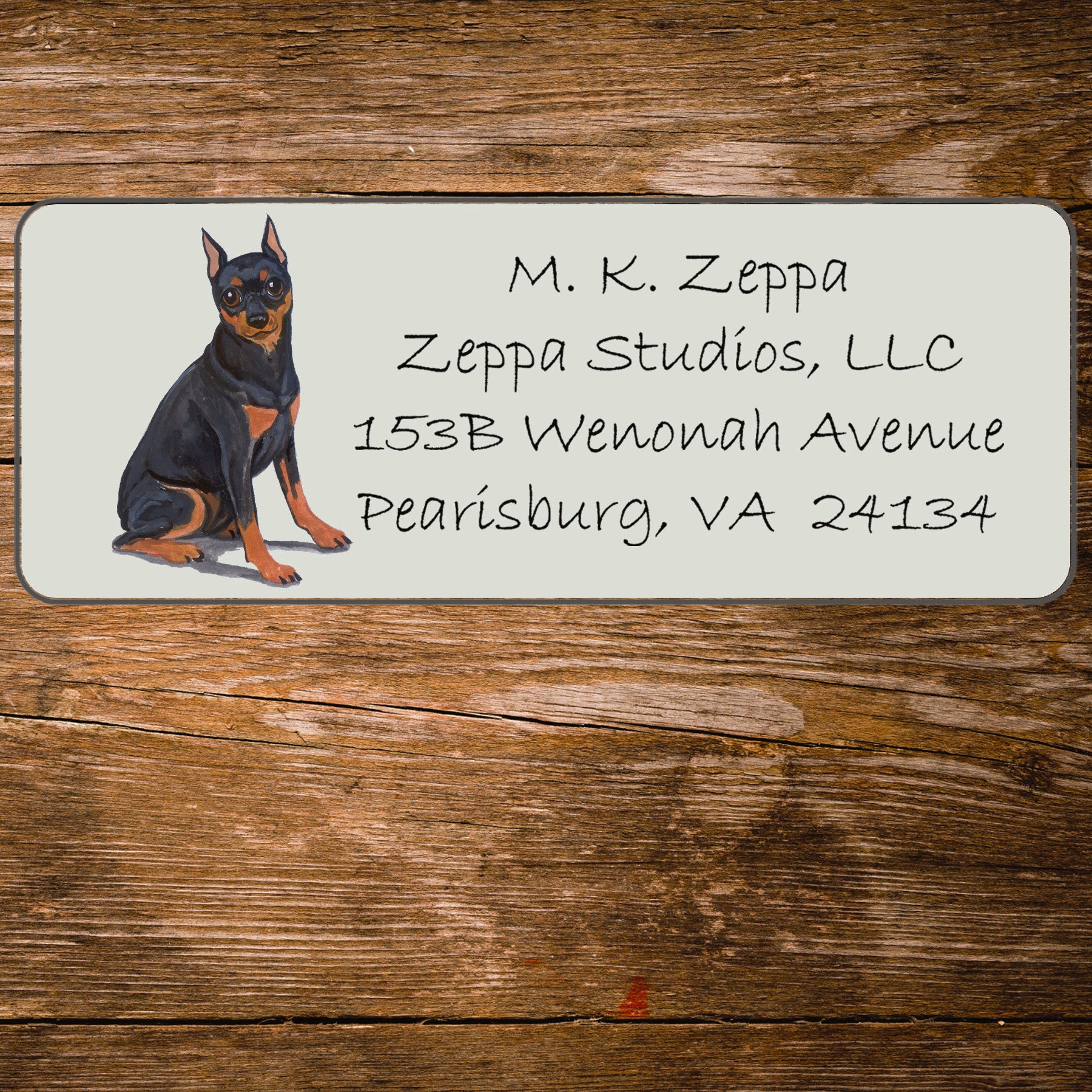 Return address label with a Miniature Pinscher illustration.