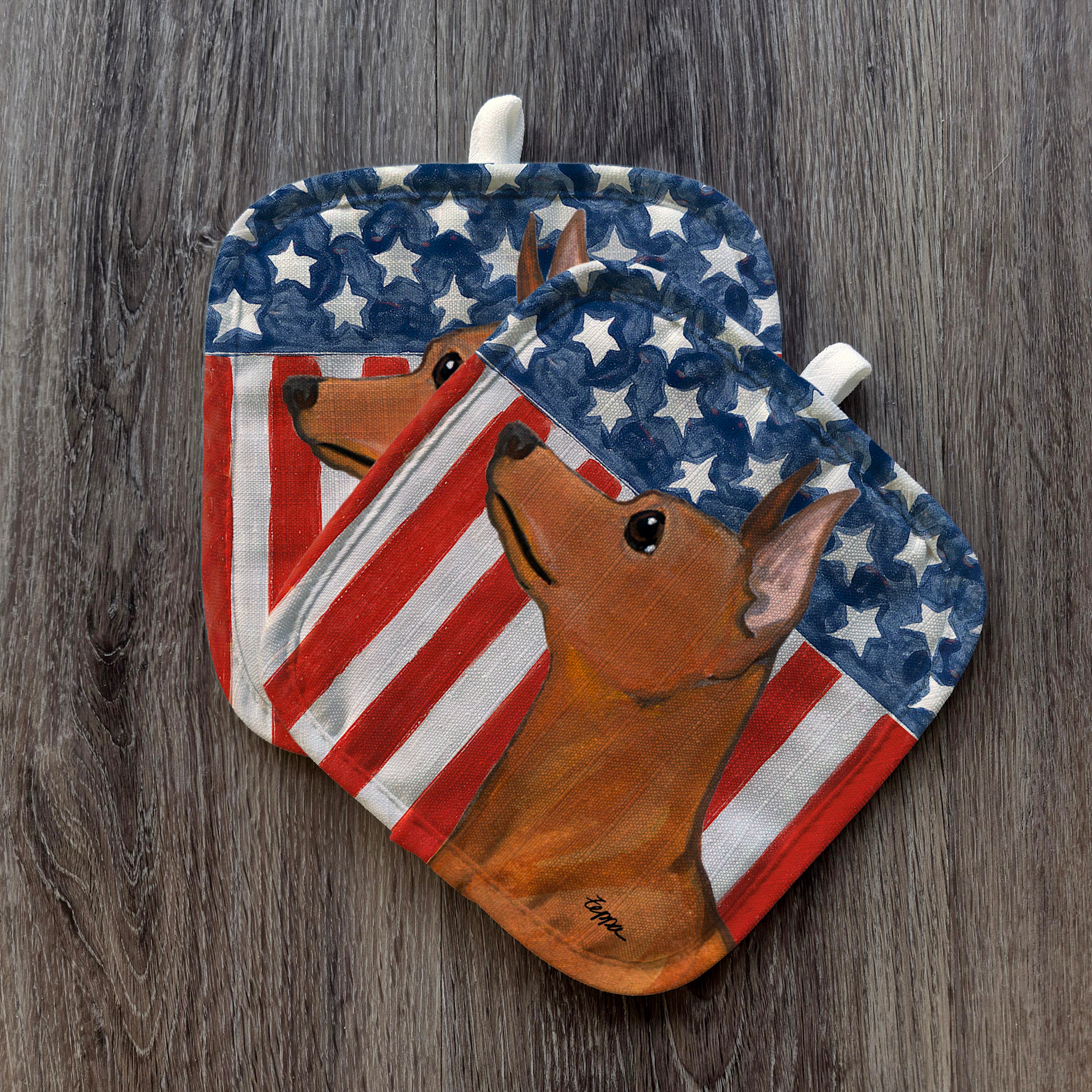 Red Miniature Pinscher Americana Pot Holders
