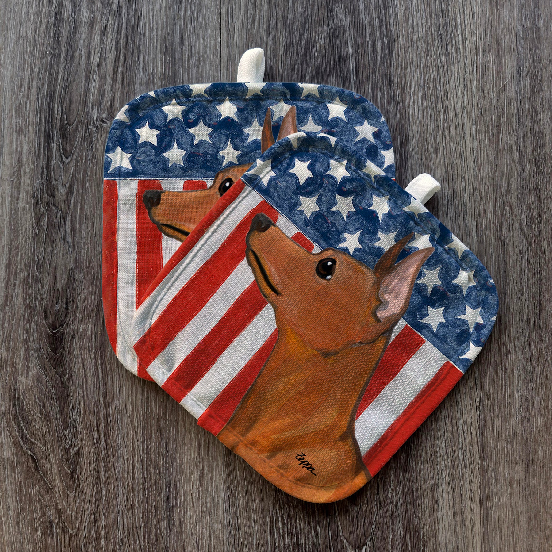 Red Miniature Pinscher Americana Pot Holders