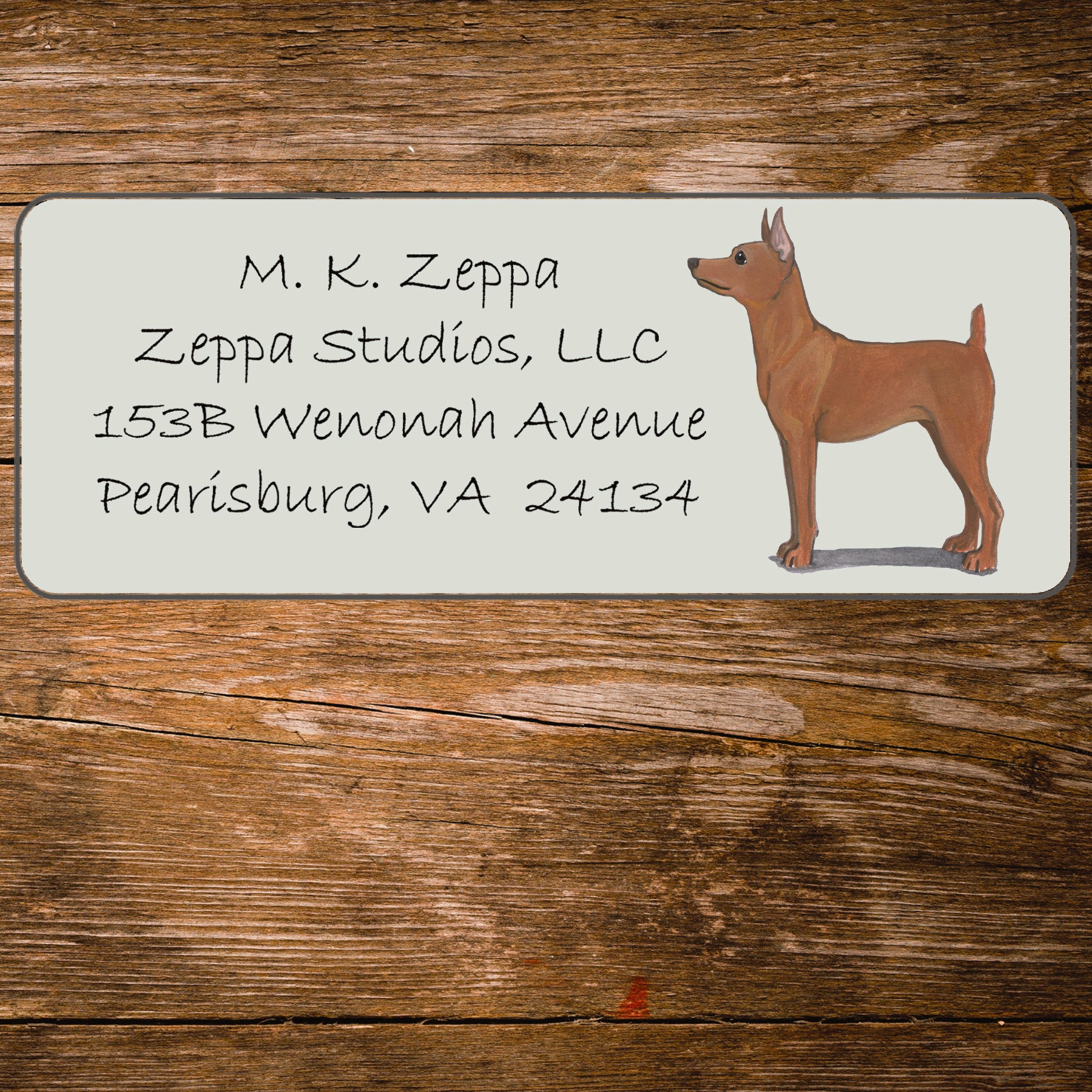 Return address label with a Miniature Pinscher illustration.