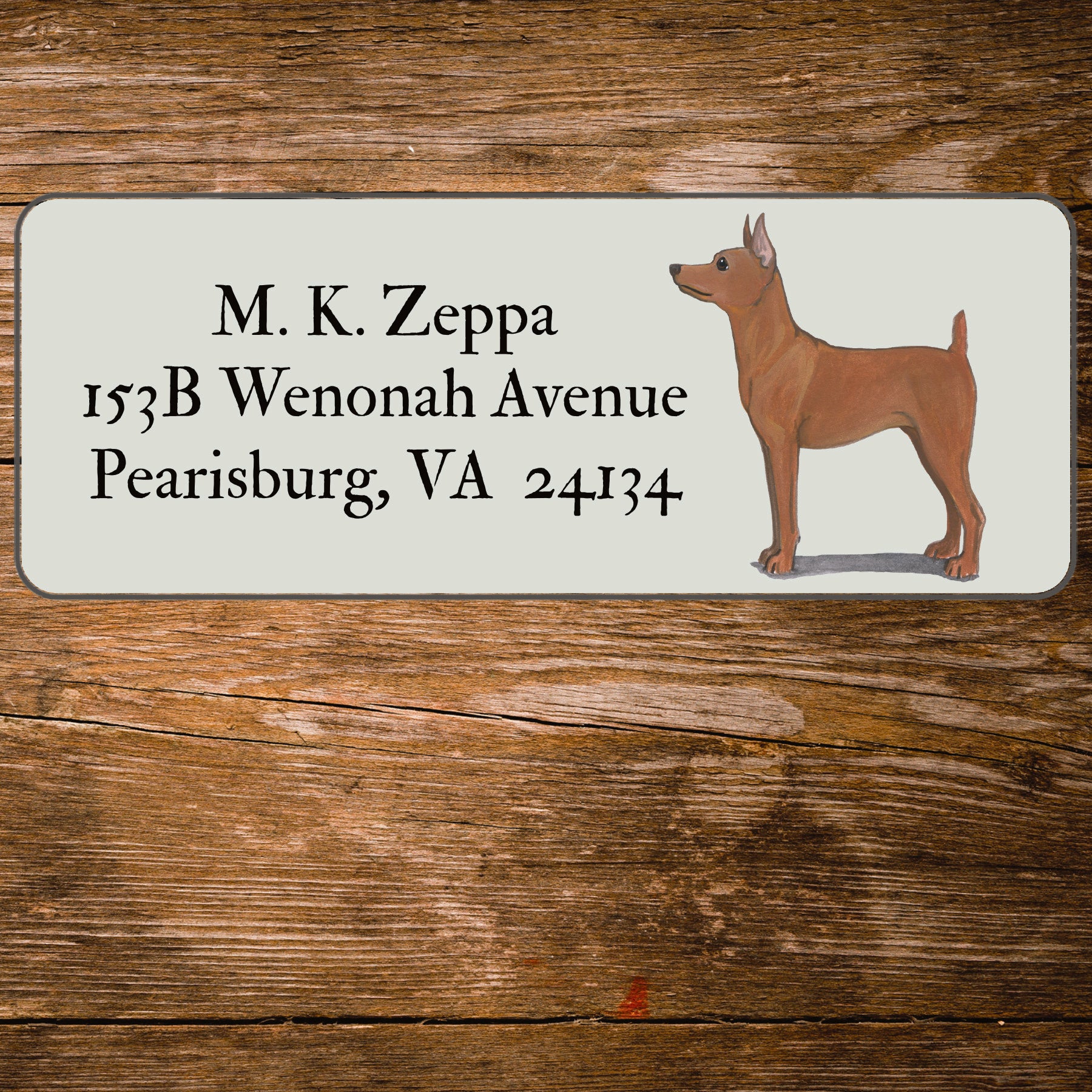 Return address label with a Miniature Pinscher illustration.