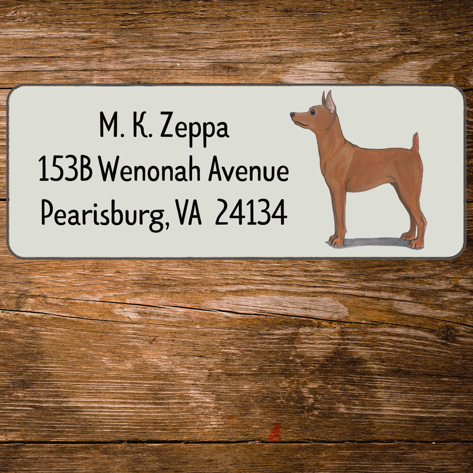 Return address label with a Miniature Pinscher illustration.