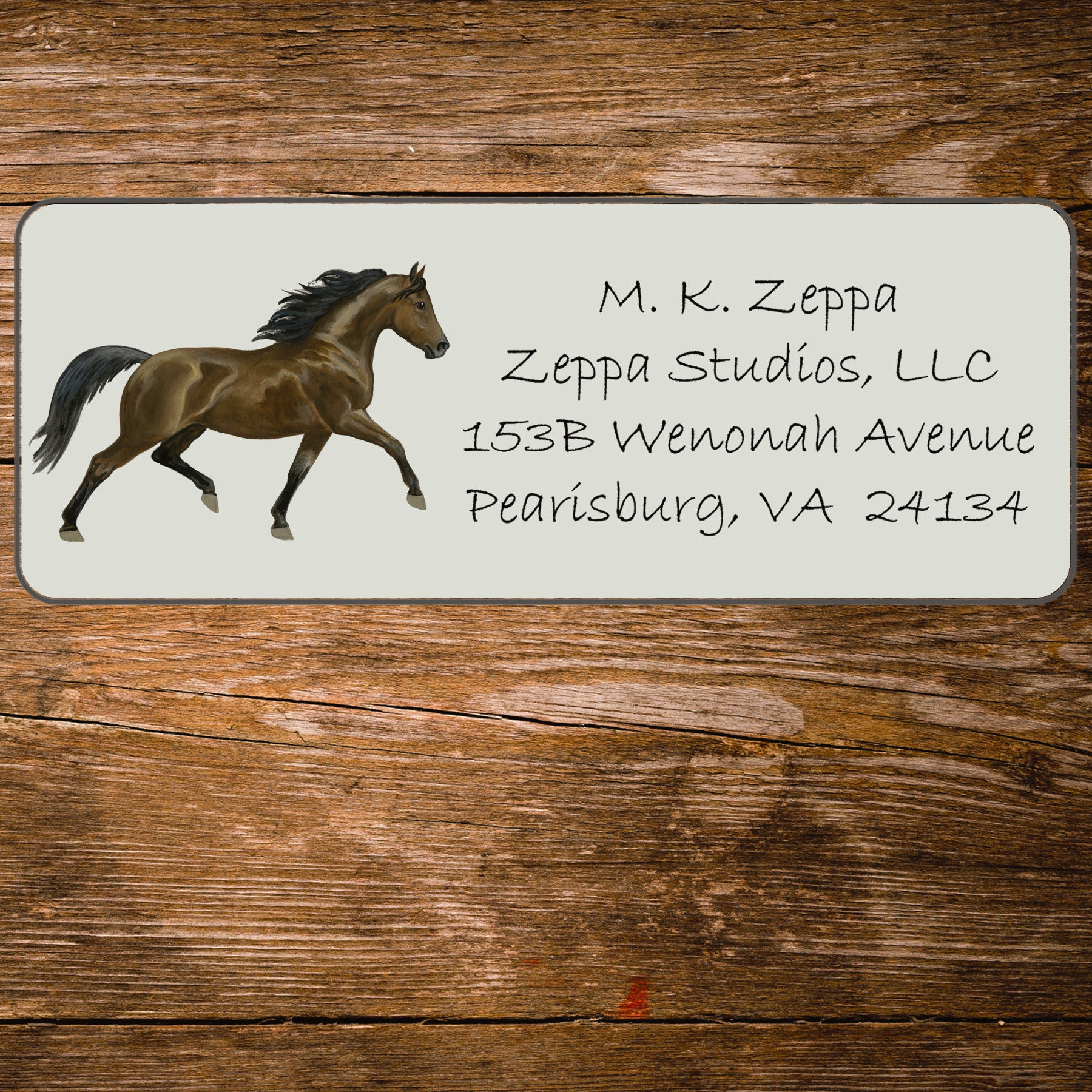 Return address label with an illustration of a Morgan Horse.