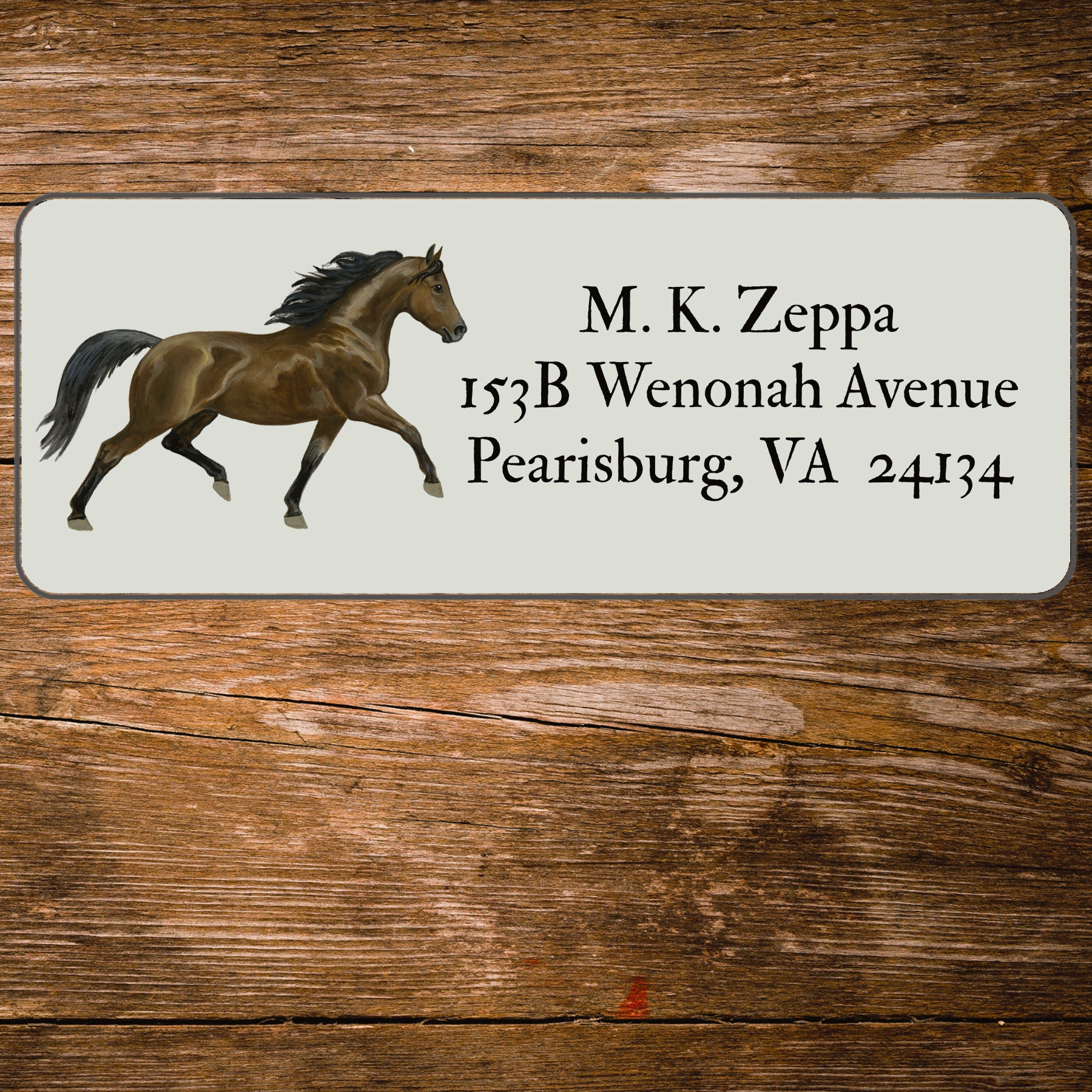 Return address label with an illustration of a Morgan Horse.