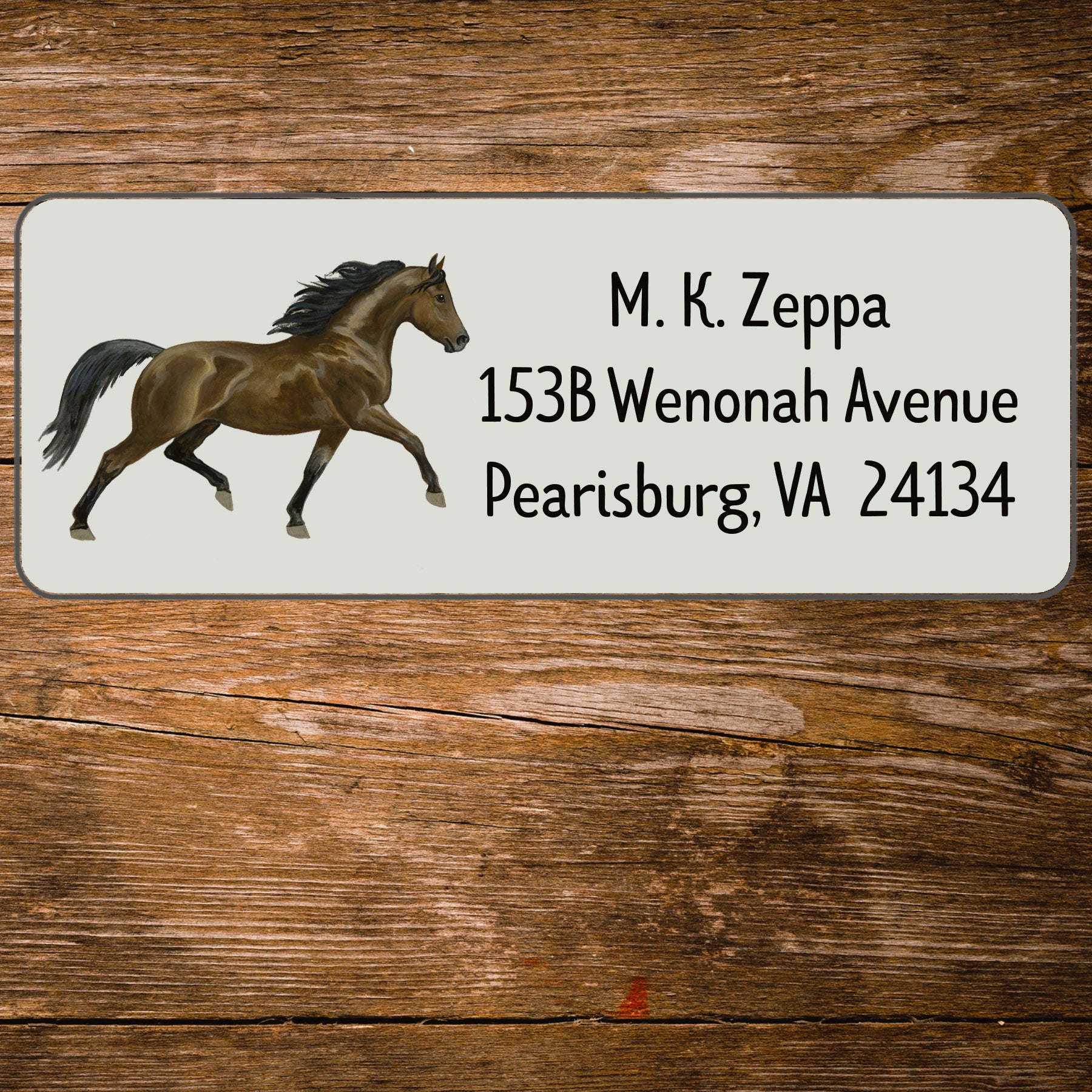 Return address label with an illustration of a Morgan Horse.
