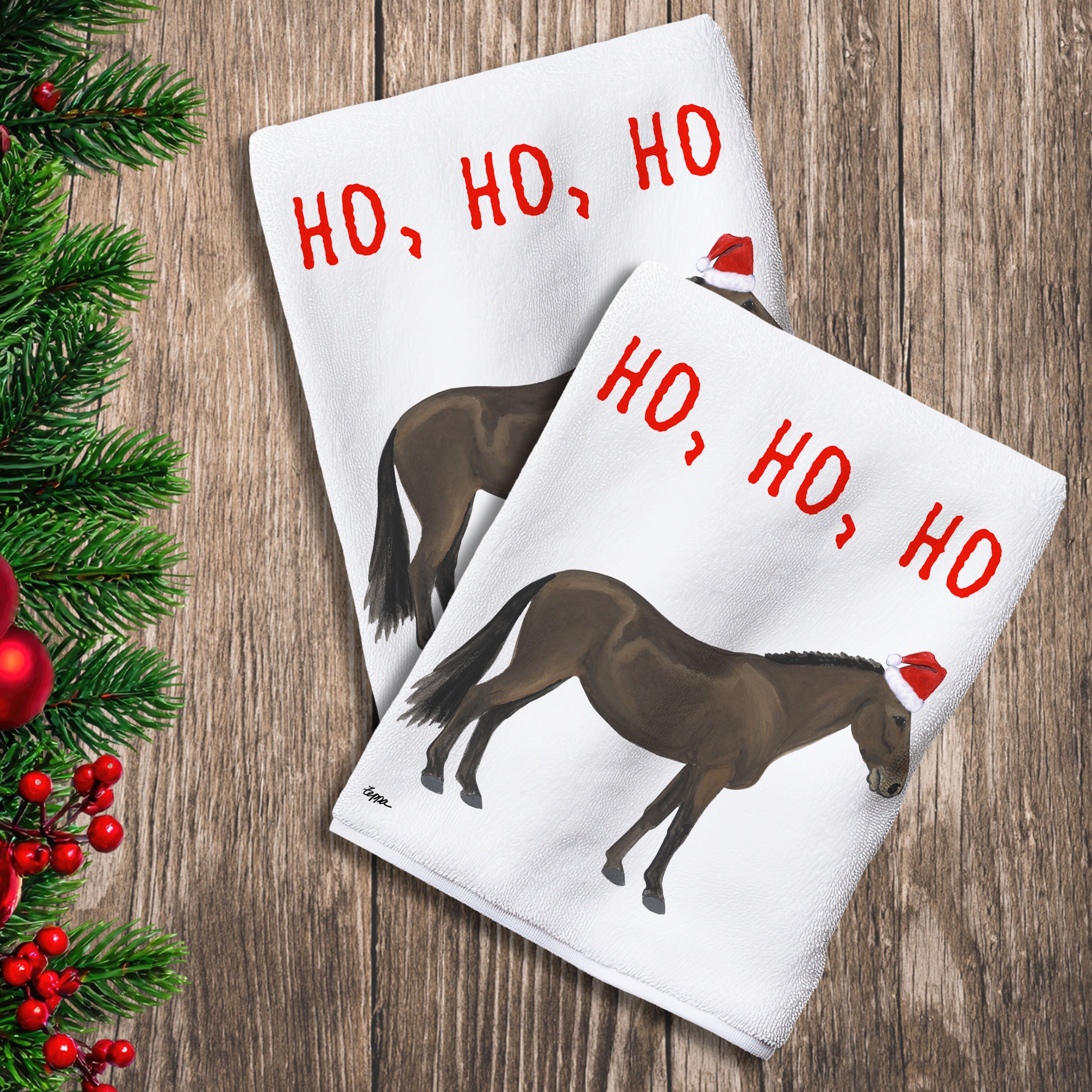 2 Kitchen Towels with a Mule in a Santa Hat and Ho Ho Ho text.
