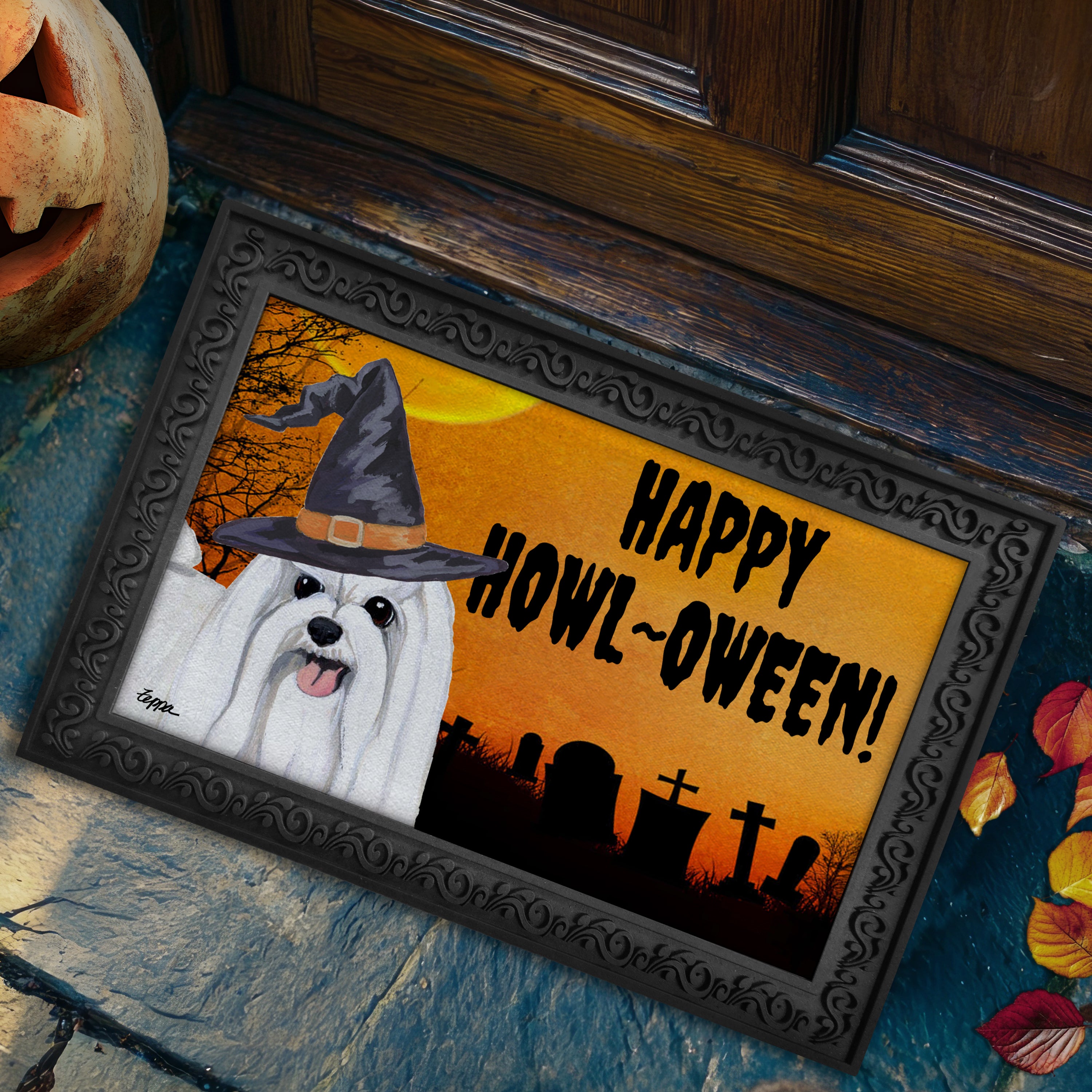 Halloween-themed doormat with a Maltese wearing a witch hat and 'Happy Howl-Oween!' text, placed on a stone step.