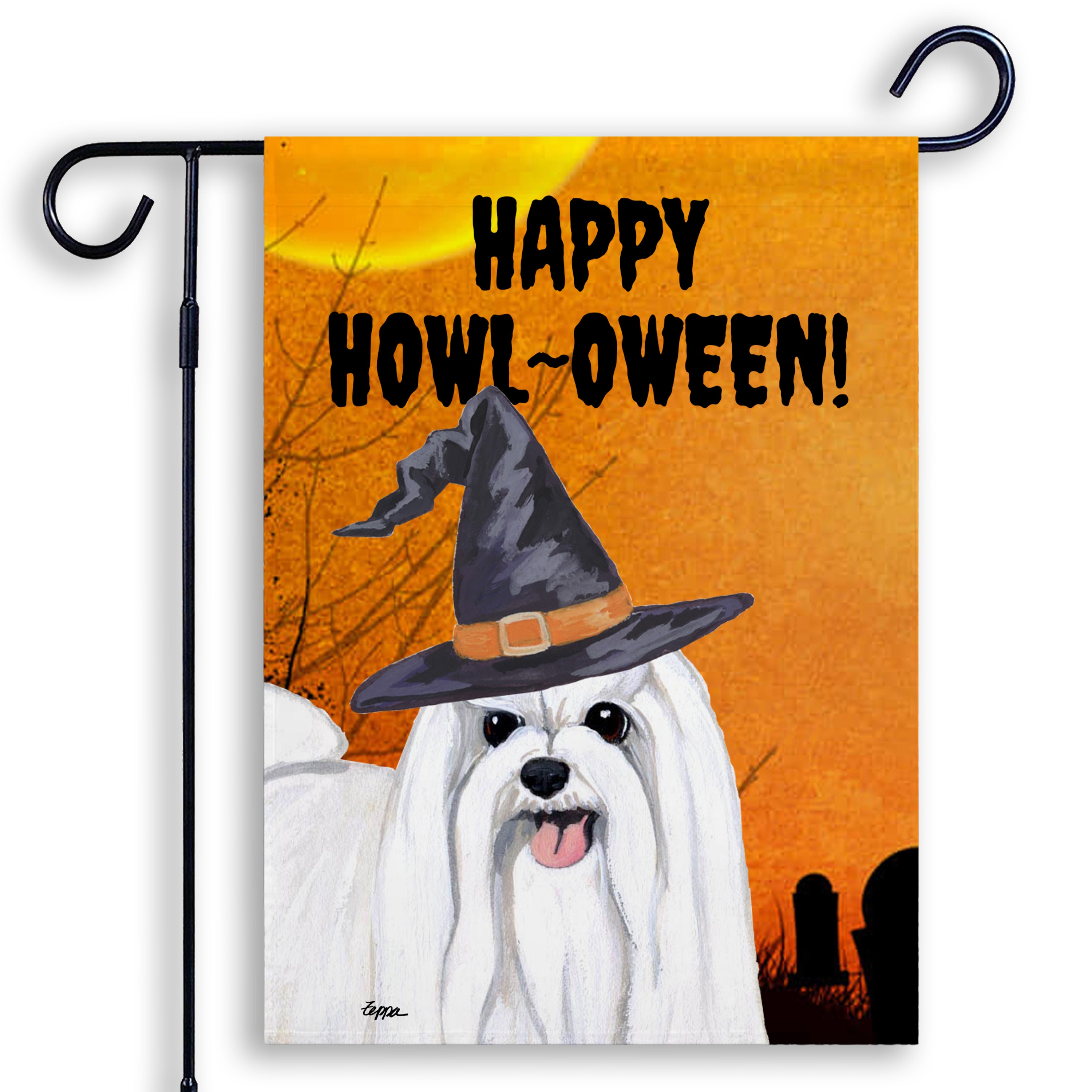Halloween-themed garden flag with a Maltese wearing a witch hat and 'Happy Howl-Oween!' text on an orange background.