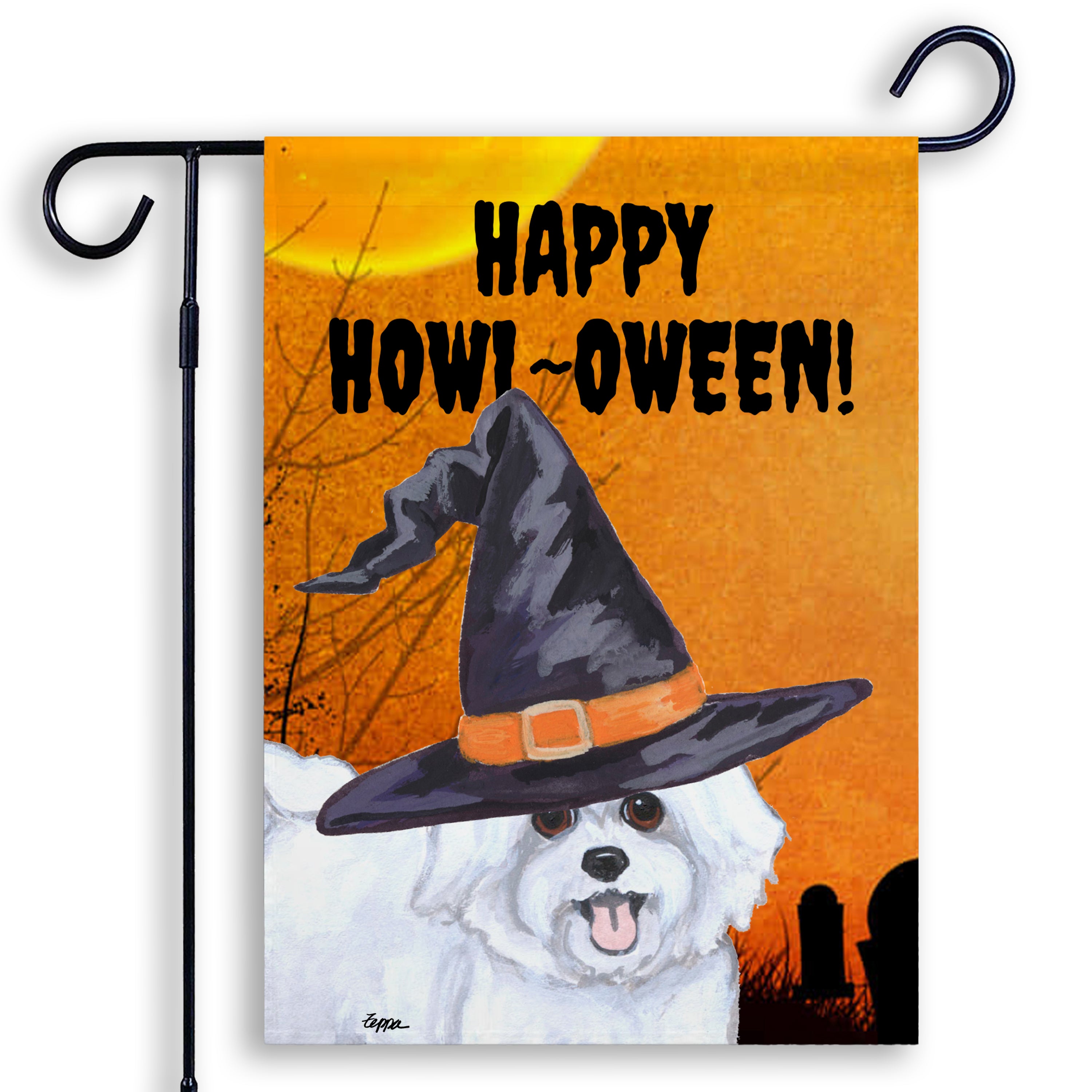 Halloween-themed garden flag with a Maltese wearing a witch hat and 'Happy Howl-Oween!' text on an orange background.