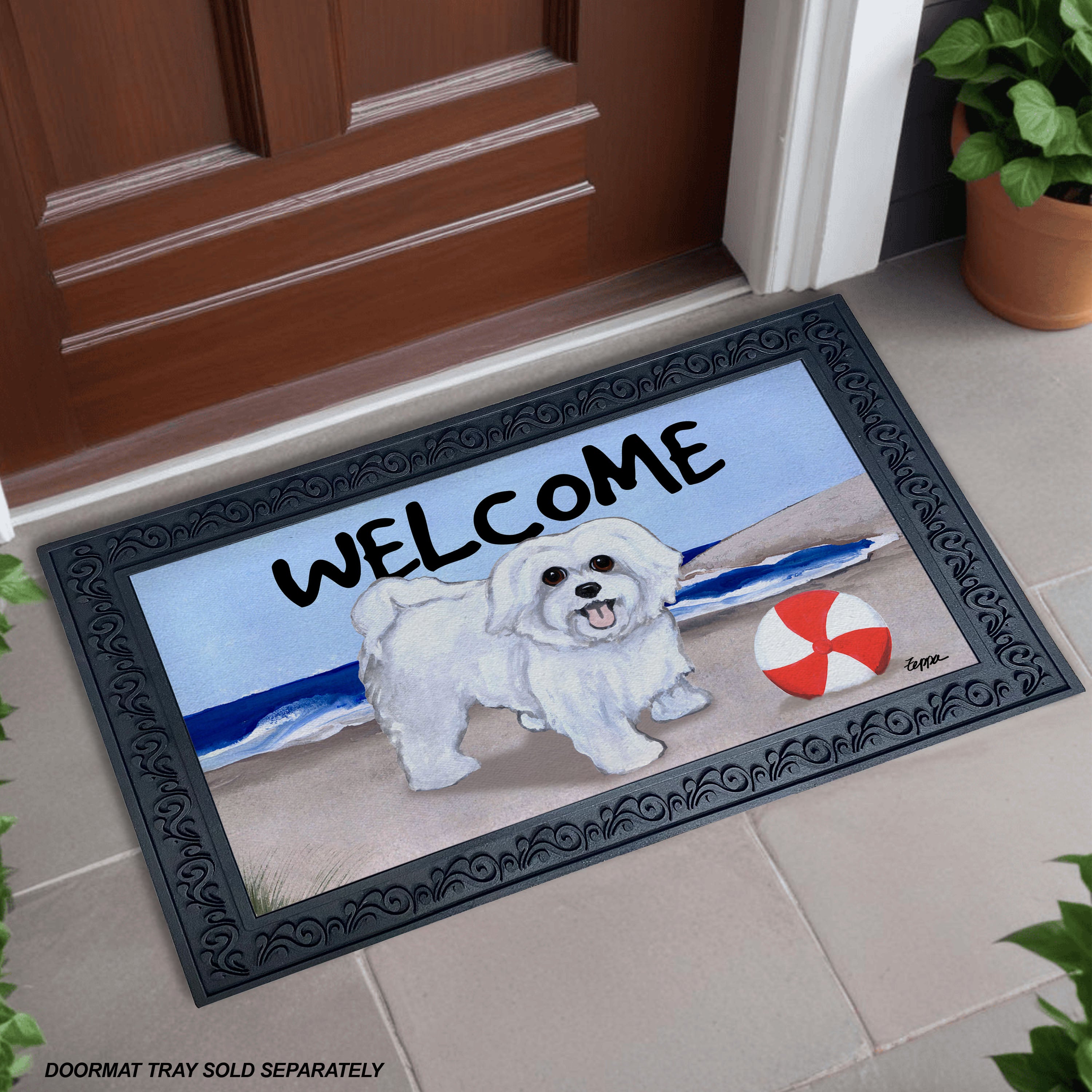 Maltese Puppy Clip Beach Scene Welcome Mat