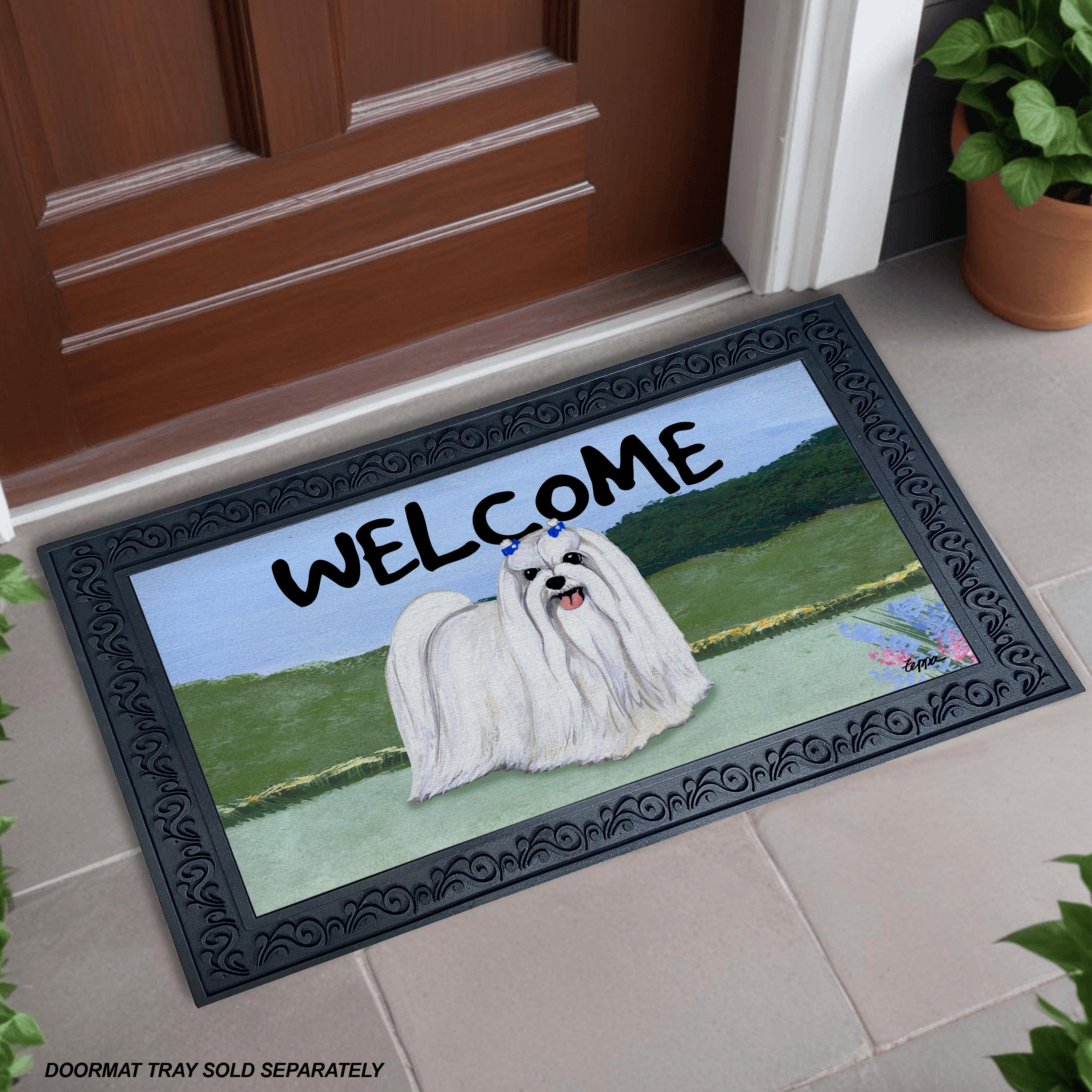 Maltese Yard Scene Welcome Mat