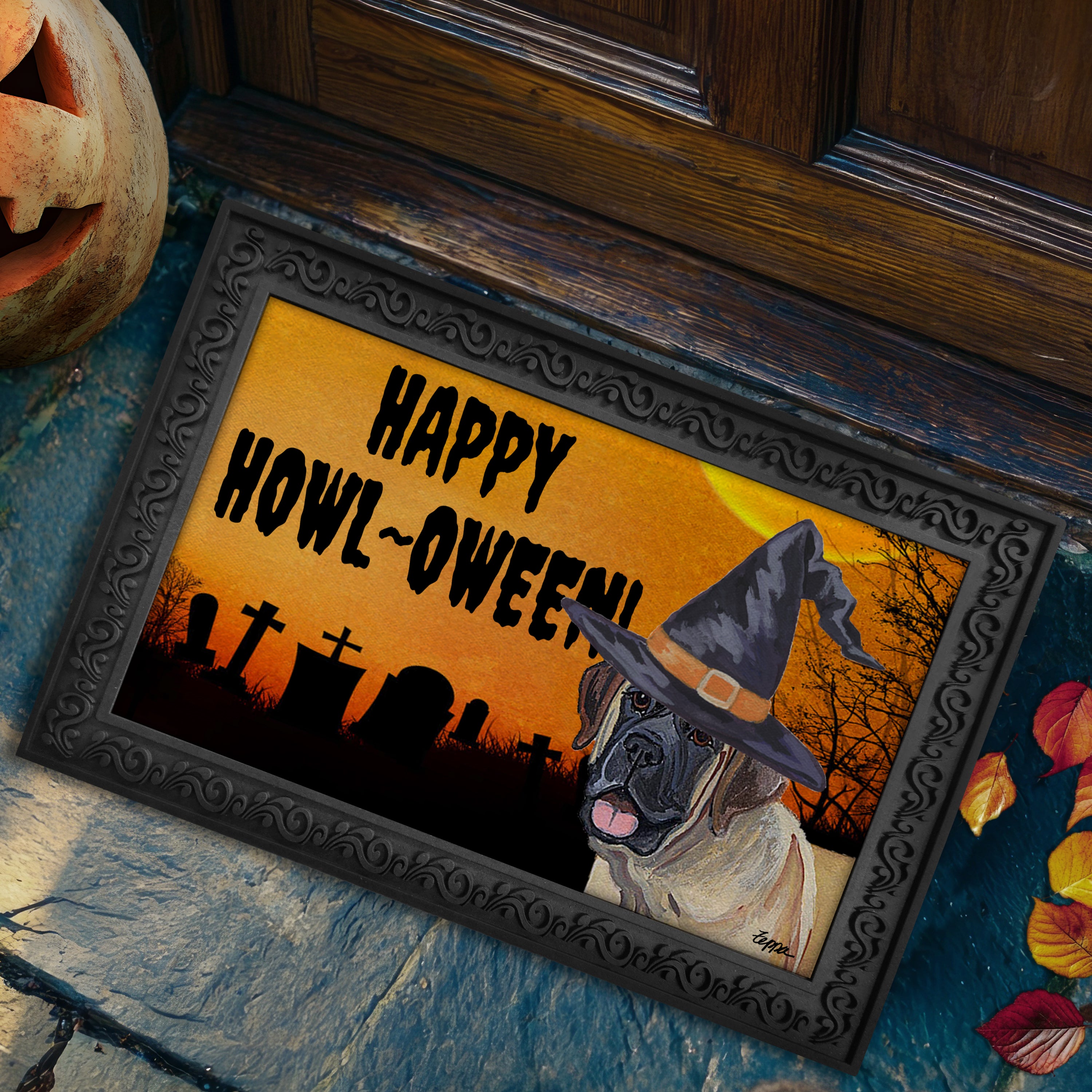 Halloween-themed doormat with a Mastiff wearing a witch hat and 'Happy Howl-Oween!' text, placed on a stone step.