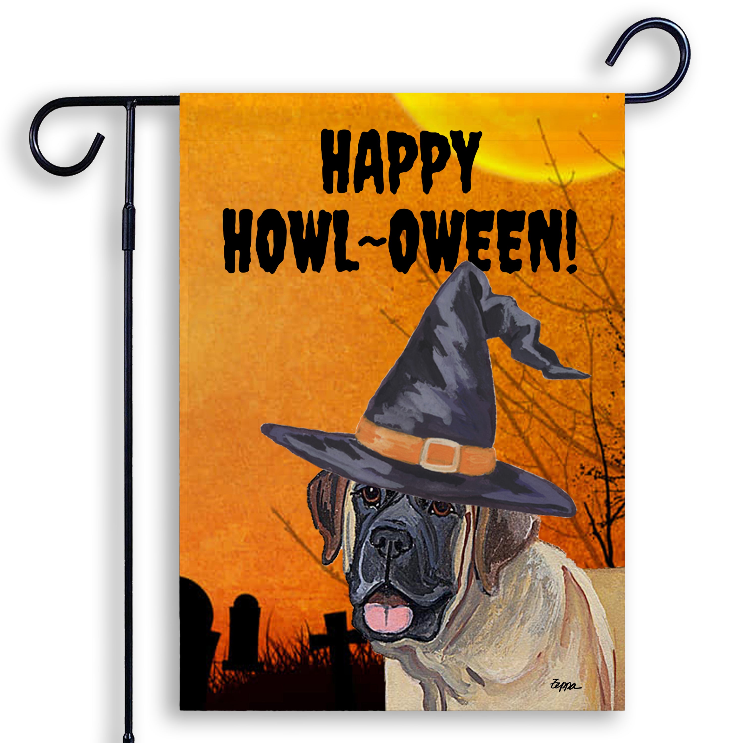 Halloween-themed garden flag with a Mastiff wearing a witch hat and 'Happy Howl-Oween!' text on an orange background.