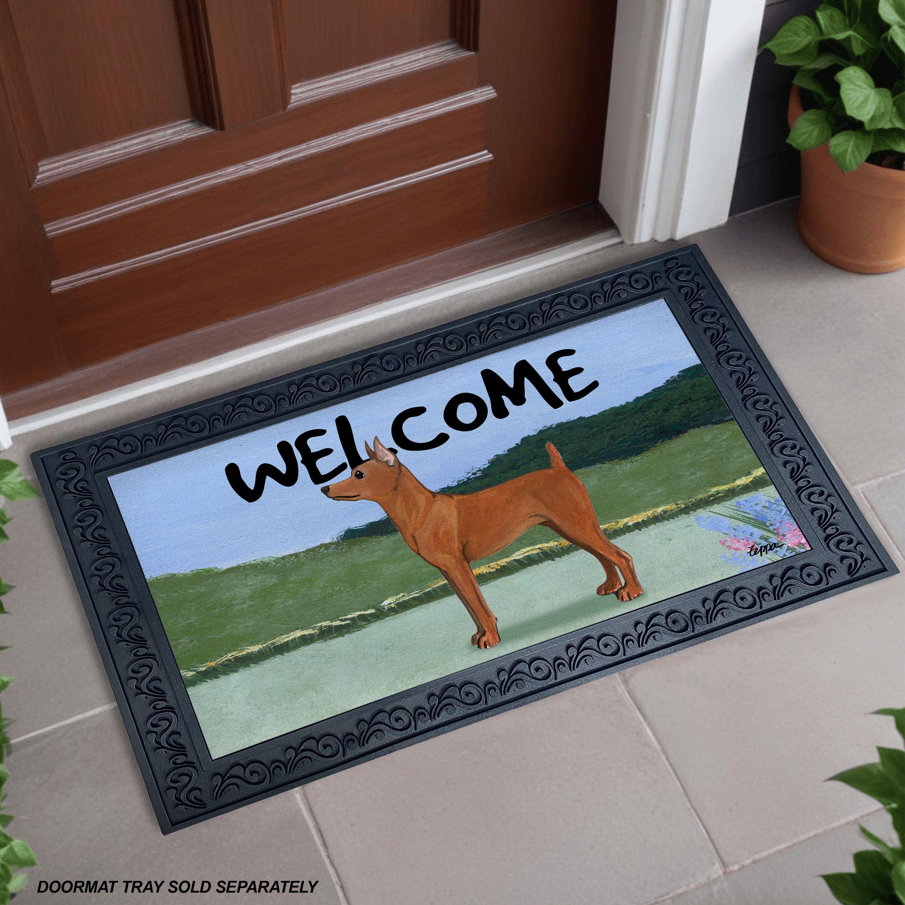 Red Miniature Pinscher Yard Scene Welcome Mat