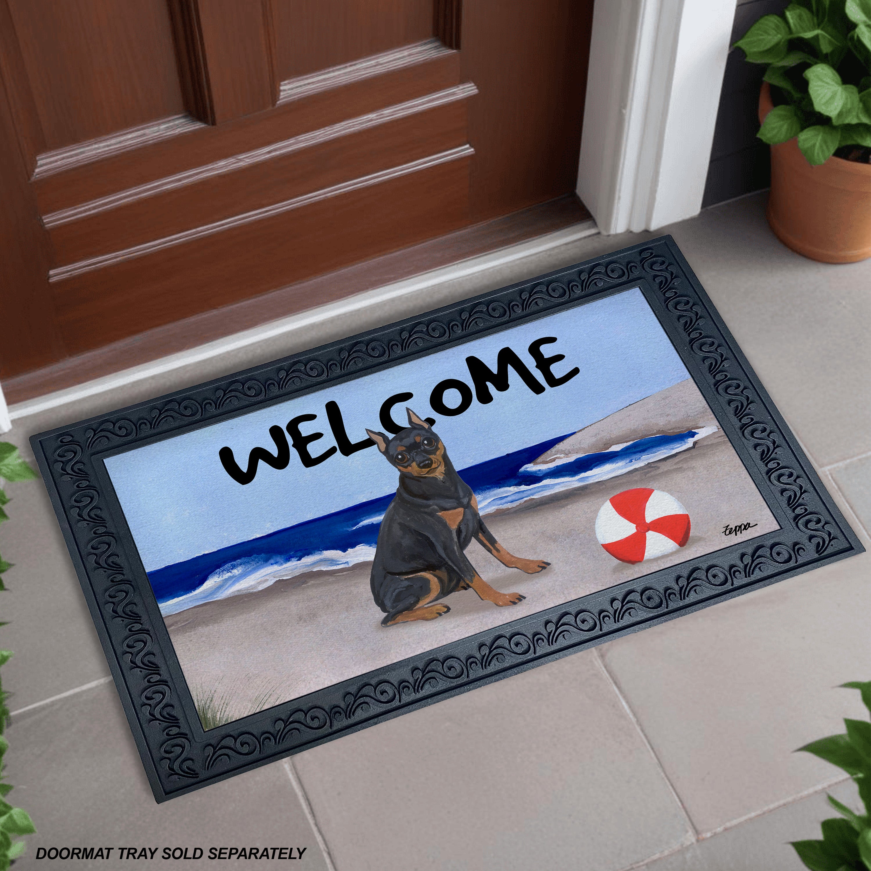 Black and Tan Miniature Pinscher Beach  Scene Welcome Mat