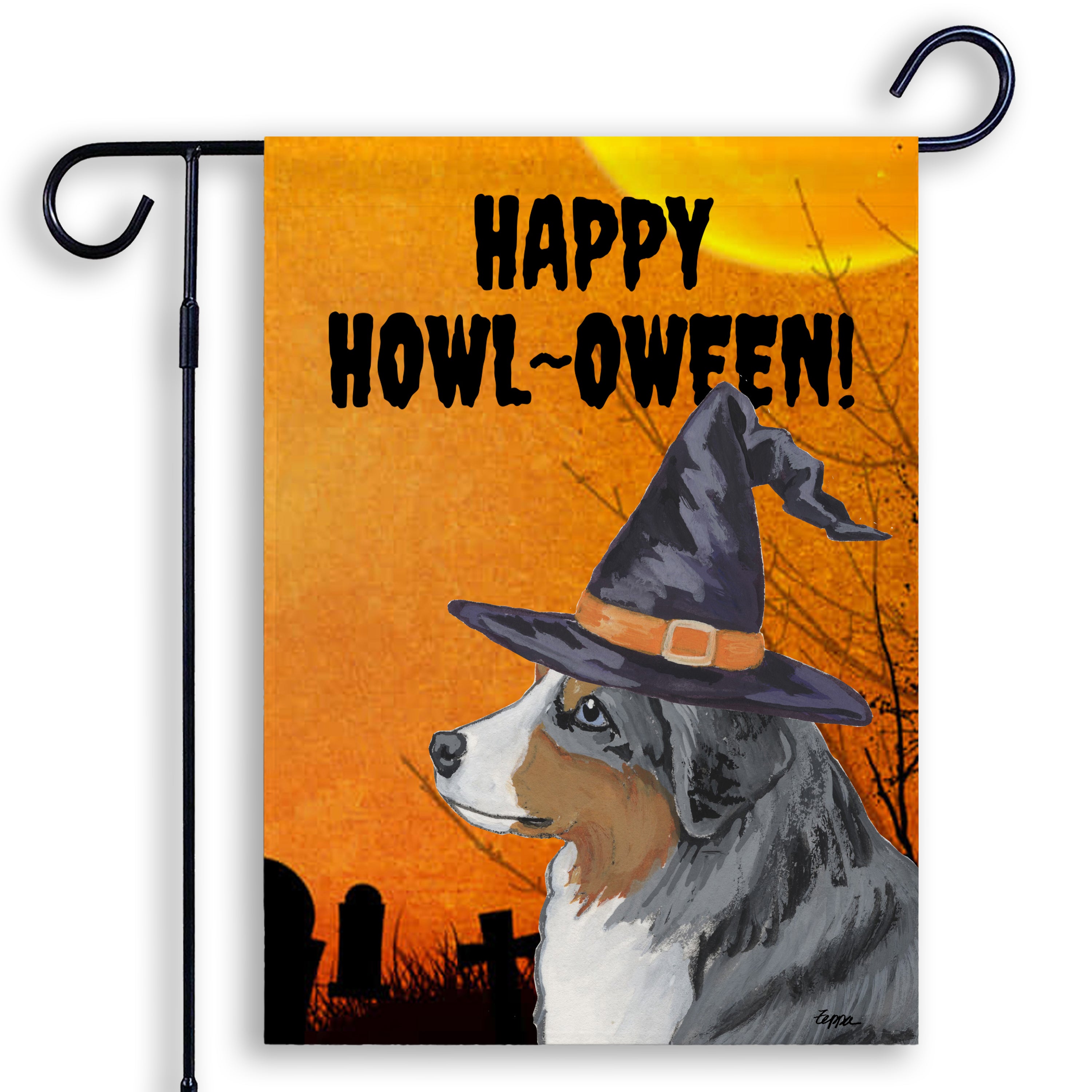 Halloween-themed garden flag with a Miniature American Shepherd wearing a witch hat and 'Happy Howl-Oween!' text on an orange background.