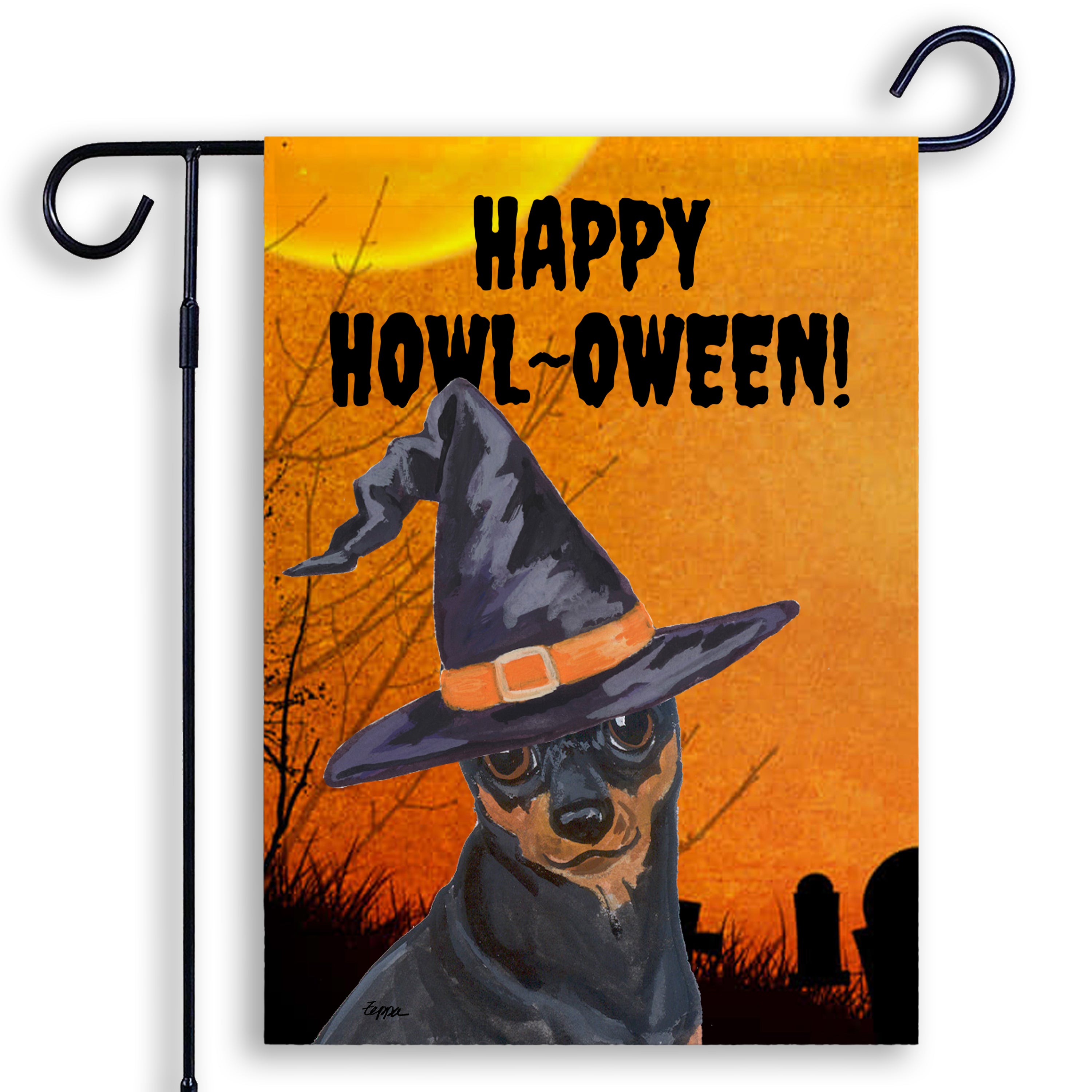 Halloween-themed garden flag with a Miniature PInscher wearing a witch hat and 'Happy Howl-Oween!' text on an orange background.