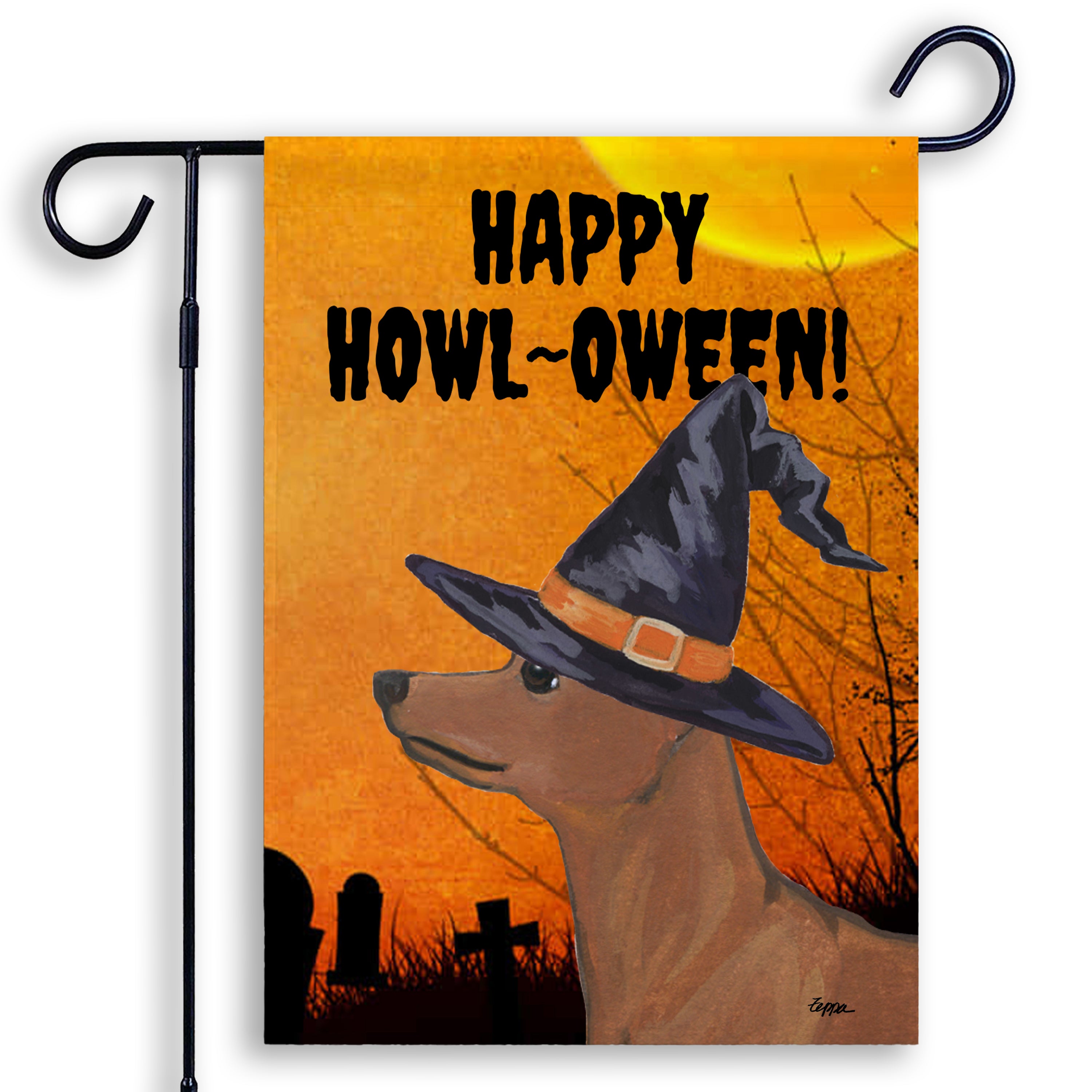 Halloween-themed garden flag with a Miniature PInscher wearing a witch hat and 'Happy Howl-Oween!' text on an orange background.