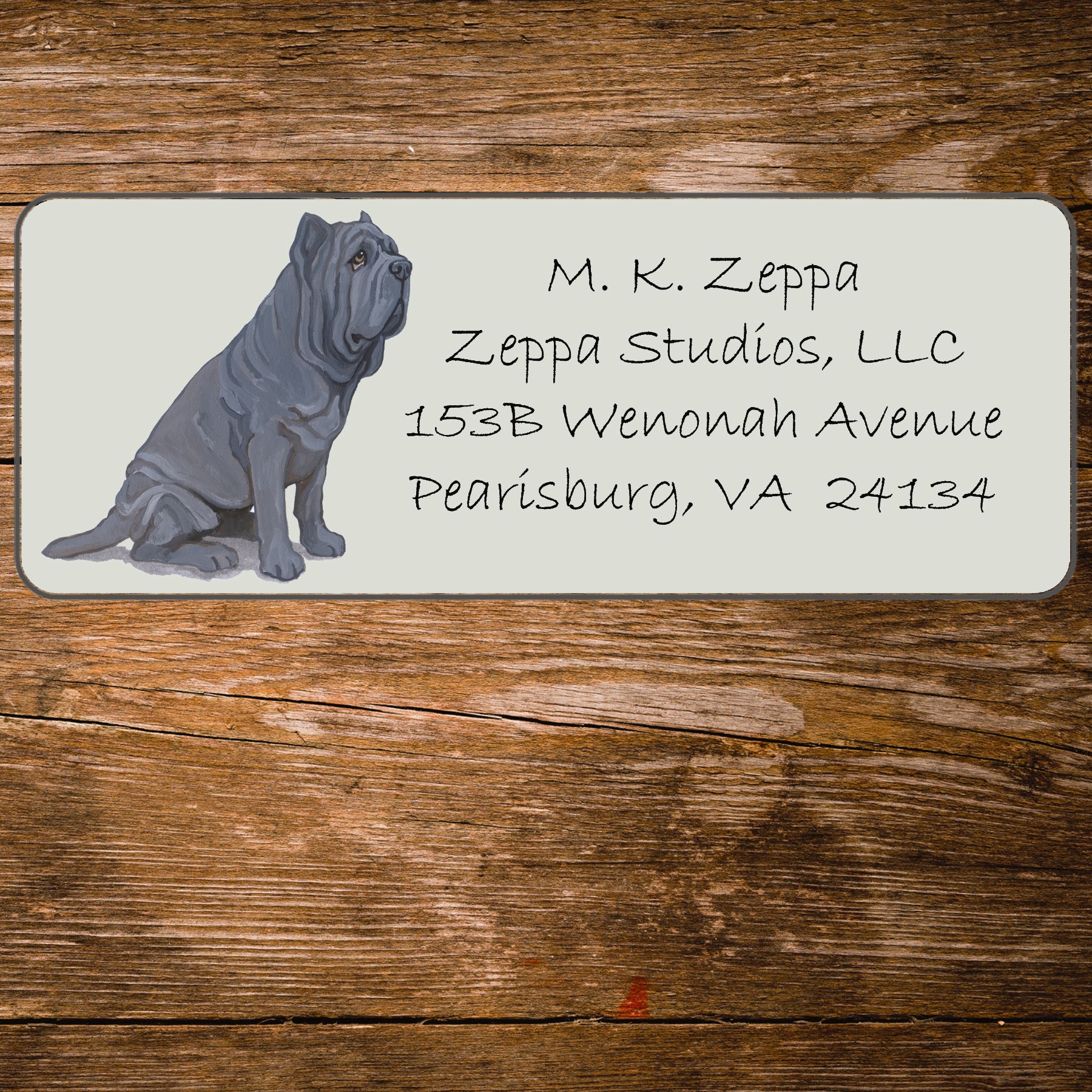 Return address label with a Neopolitan Mastiff illustration.