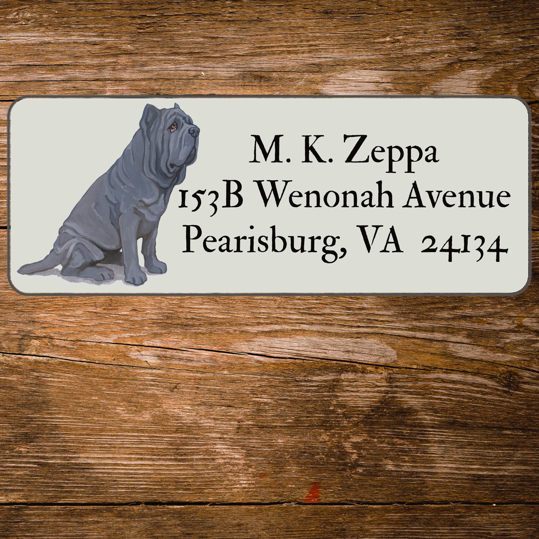 Return address label with a Neopolitan Mastiff illustration.