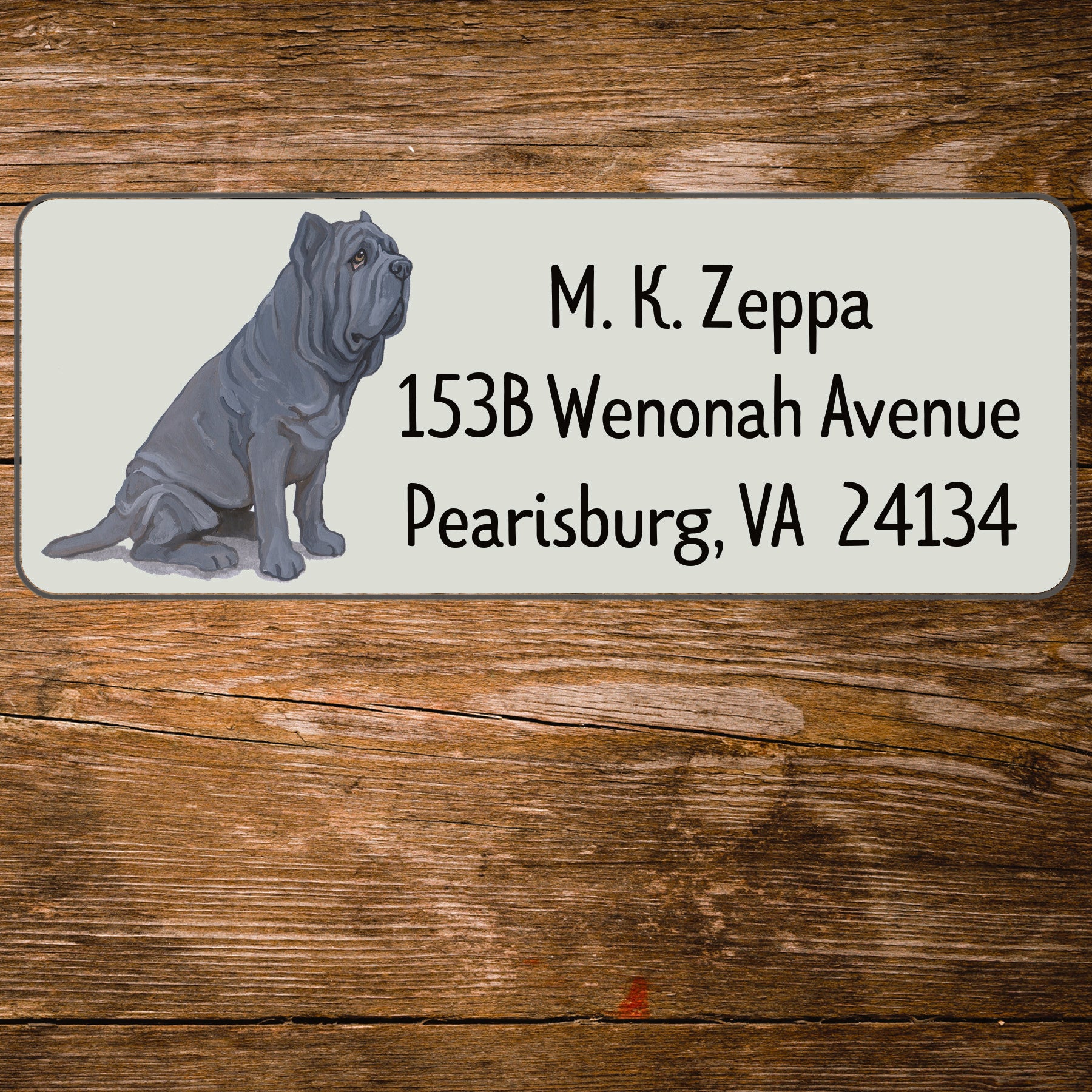 Return address label with a Neopolitan Mastiff illustration.