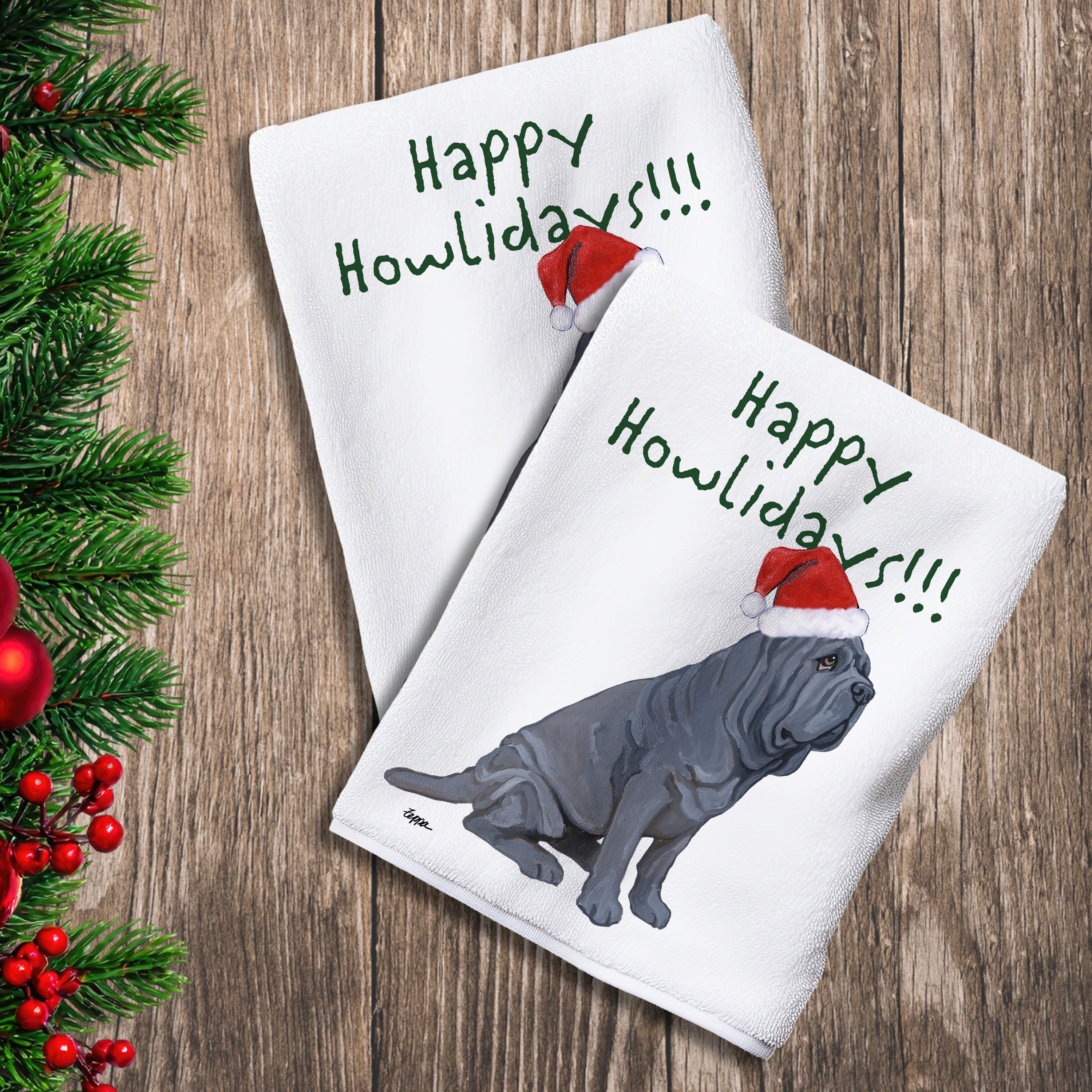 2 Kitchen Towels with a Neopolitan Mastiff in a Santa Hat and Happy Howlidays text.
