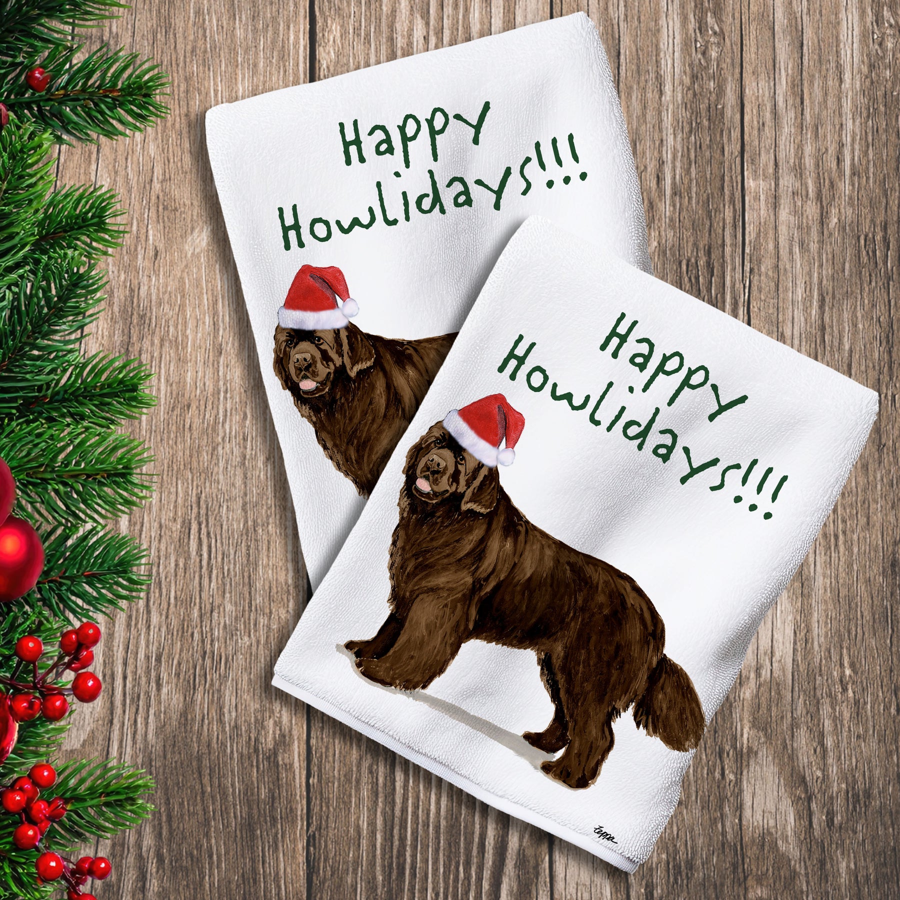 2 Kitchen Towels with a brown Newfoundland in a Santa Hat and Happy Howlidays text.
