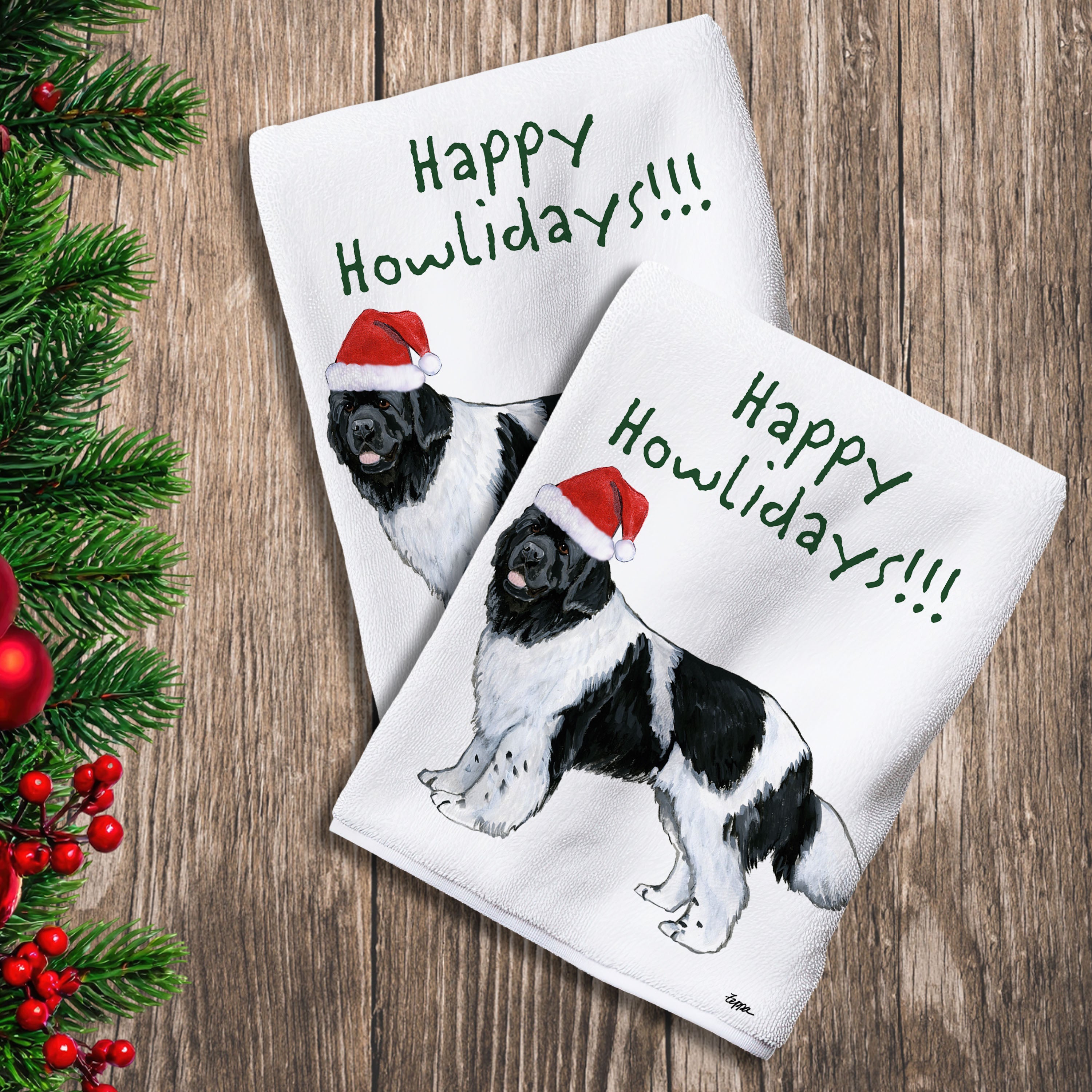 2 Kitchen Towels with a Landseer Newfoundland in a Santa Hat and Happy Howlidays text.
