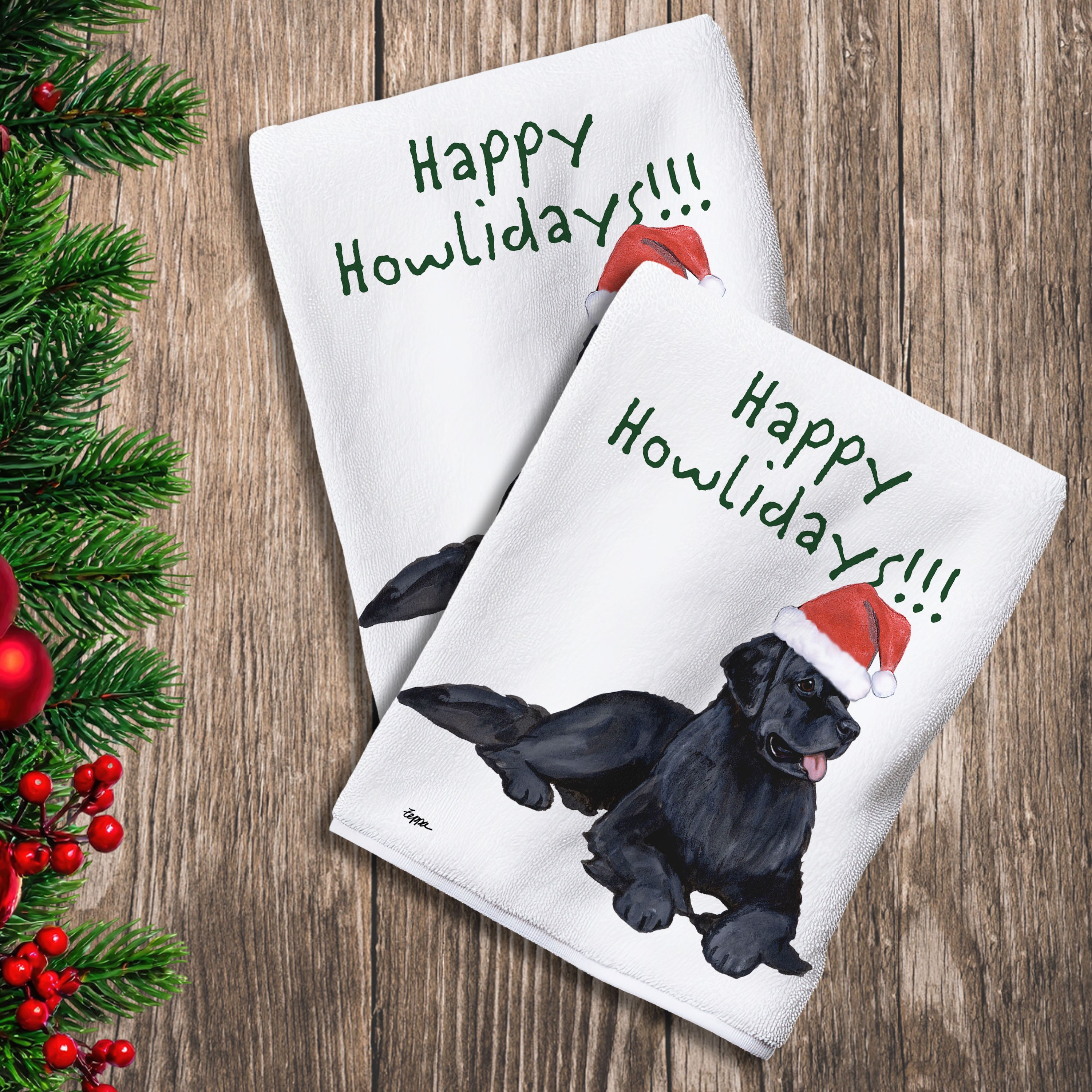 2 Kitchen Towels with a Newfoundland in a Santa Hat and Happy Howlidays text.
