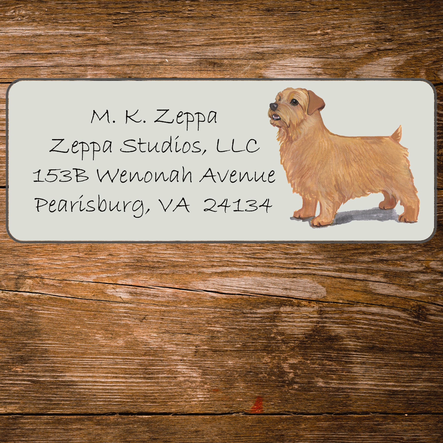Return address label with a Norfolk Terrier illustration.