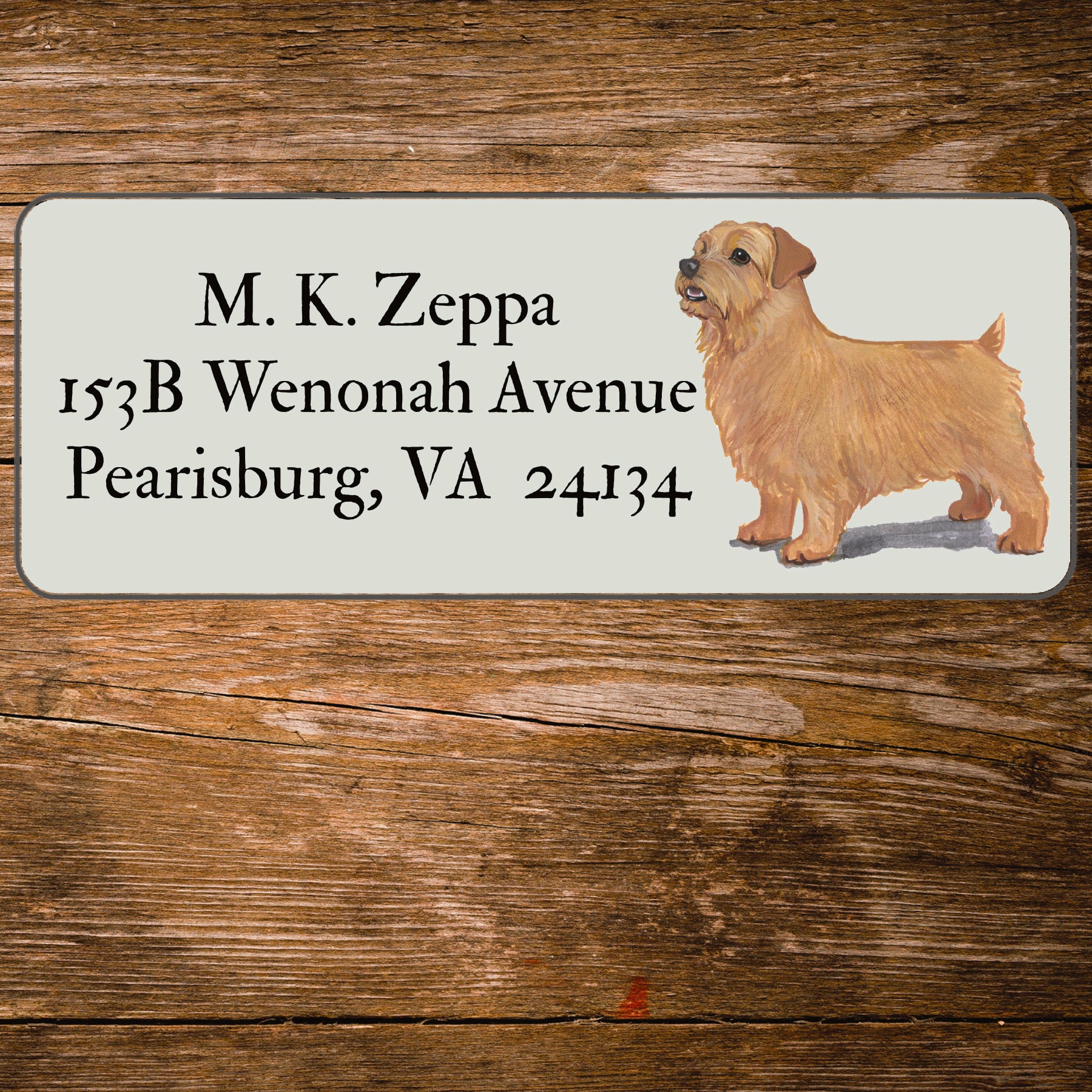 Return address label with a Norfolk Terrier illustration.