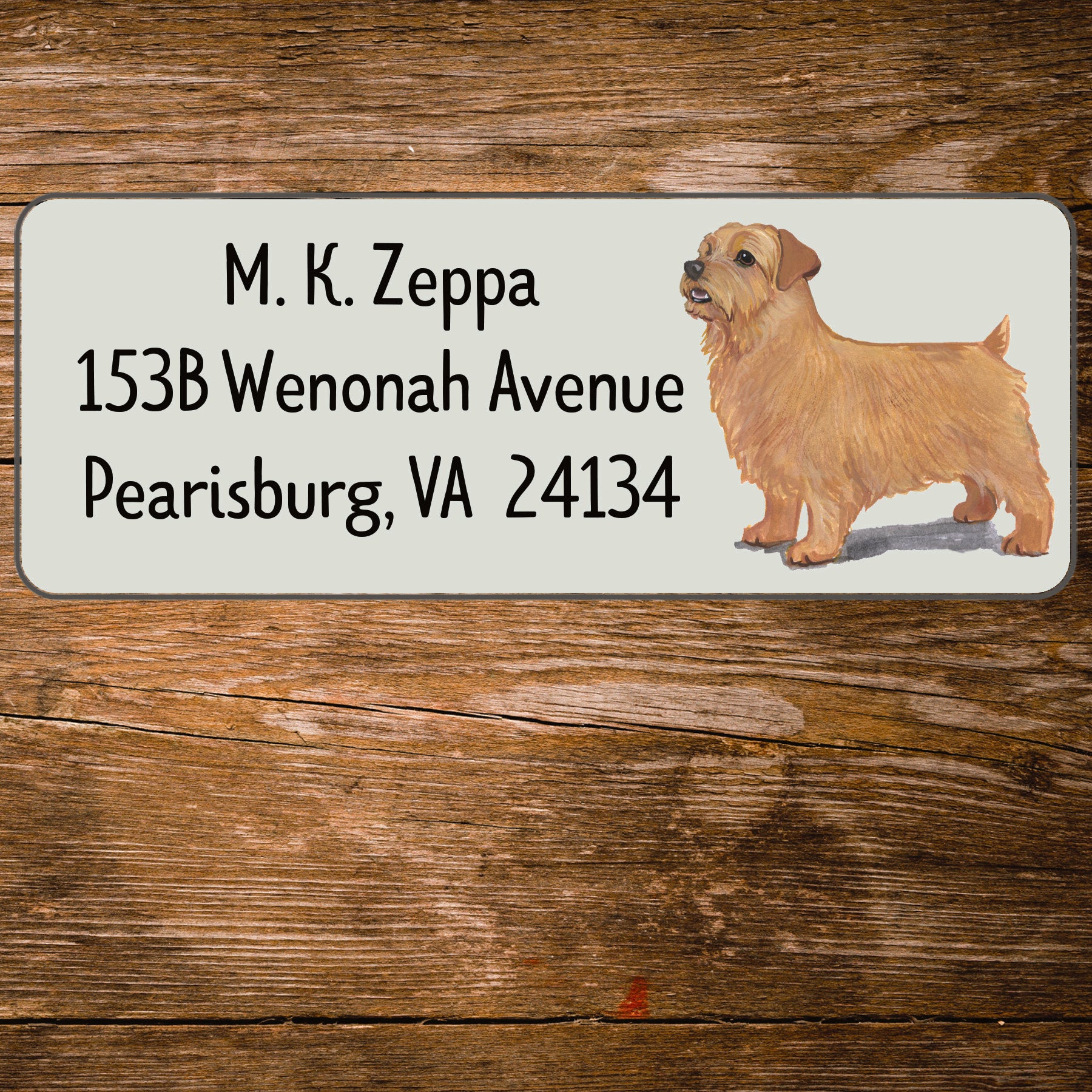 Return address label with a Norfolk Terrier illustration.
